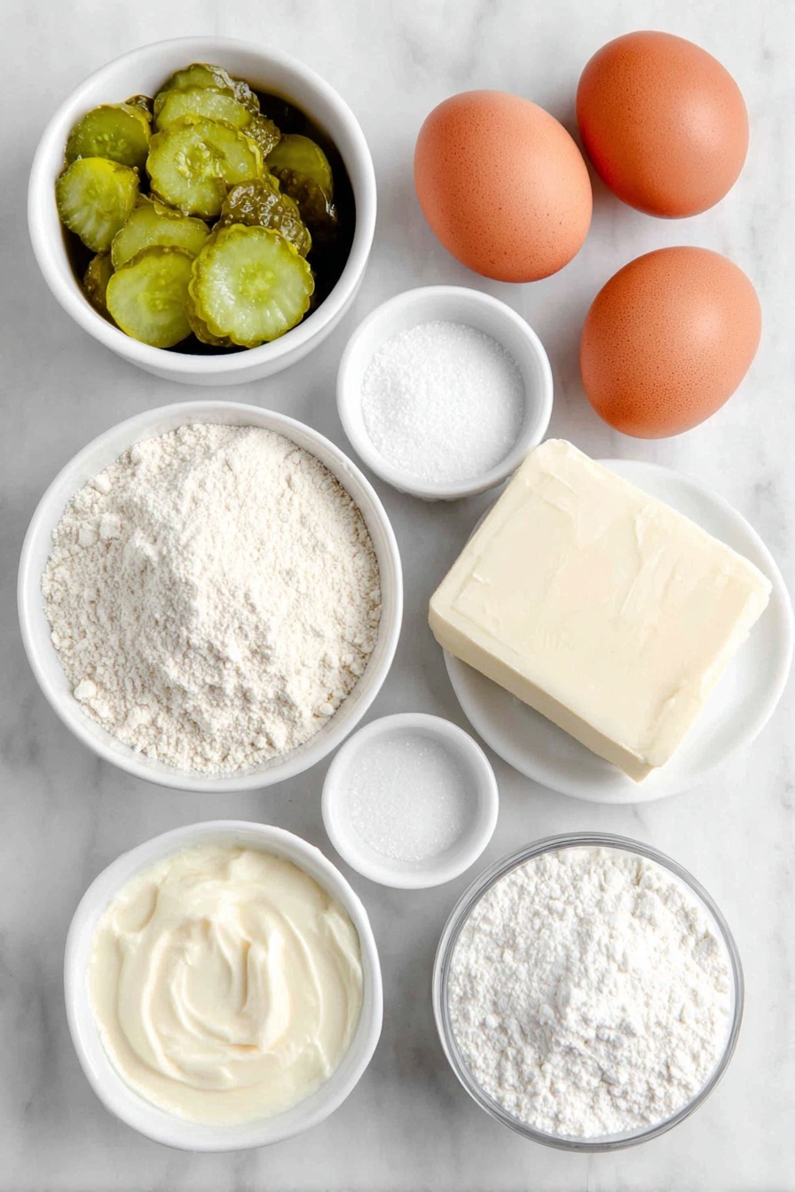 Flat lay of a small white ceramic bowl filled with chopped fresh green pickles, a small white ceramic bowl of pale green pickle juice, a simple mound of fine all-purpose flour on a pristine white ceramic plate, two whole brown eggs with smooth clean shells, a small white ceramic bowl of creamy sour cream, a neat round pat of softened butter, a small white ceramic bowl of granulated white sugar, a small white ceramic bowl of powdered sugar, a smooth block of softened cream cheese, a few fresh bright green pickle slices for garnish, all arranged in perfect symmetry on a clean white marble surface, soft natural light, photo taken with an iPhone, professional food photography style, fresh ingredients, white ceramic bowls, no bottles, no duplicates, no utensils, no packaging --ar 2:3 --v 7 --p m7354615311229779997 - Pickle Cake Cupcakes, Pickle Cake Recipe, Unique Cupcake Ideas, Savory Sweet Cupcakes, Quirky Dessert Recipes