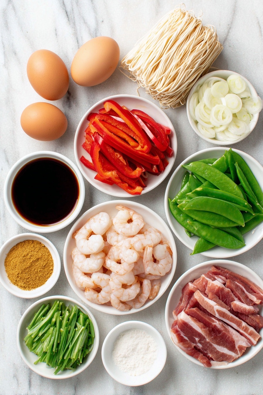 Flat lay of fresh shelled and deveined shrimp, two whole brown eggs with clean shells, a small bundle of dried rice stick noodles, thin strips of Chinese roast pork, a small pile of thinly sliced red bell pepper julienne, snow peas sliced thinly on the bias, a small heap of julienned carrot, a quarter of a medium onion very thinly sliced, two medium cloves of garlic minced, two scallions sliced very thinly on the bias, a small white ceramic bowl of golden curry powder, a small white ceramic bowl of Asian fish sauce, a small white ceramic bowl of soy sauce, a small white ceramic bowl of Shaoxing wine, a small white ceramic bowl of toasted sesame oil, a small white ceramic bowl of canola oil, and a small white ceramic bowl with a pinch of white pepper and a pinch of sugar placed neatly on a clean white marble surface, soft natural light, photo taken with an iPhone, professional food photography style, fresh ingredients, white ceramic bowls, no bottles, no duplicates, no utensils, no packaging --ar 2:3 --v 7 --p m7354615311229779997 - Singapore Rice Noodles, Singapore Rice Noodles recipe, Asian noodle stir-fry, Thai-style rice noodle dish, flavorful Chinese stir-fry