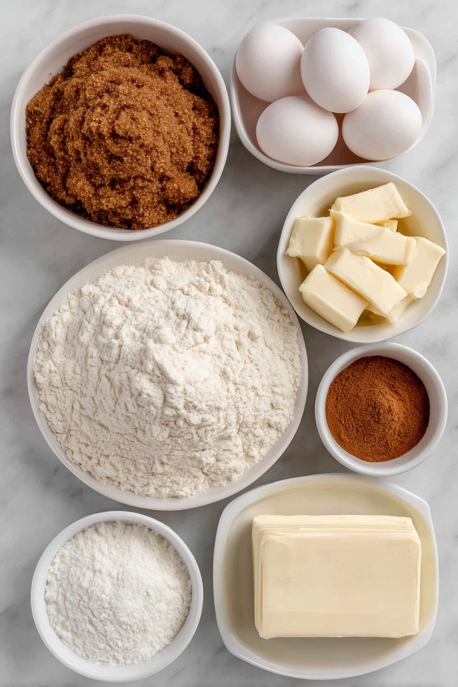 Flat lay of a small mound of all-purpose flour on a simple white ceramic plate, a small white bowl filled with warm brown packed brown sugar, another small white bowl containing fine granulated sugar, four whole large eggs with clean shells arranged neatly, a small white bowl holding softened pale yellow butter, a small white bowl of smooth bright orange pumpkin puree, a tiny white bowl with light brown pumpkin pie spice powder, a small white bowl with white powdered sugar, a small white bowl of ivory cream cheese block, and a small white bowl of pure vanilla extract liquid, all ingredients fresh and natural, perfectly symmetrical layout, placed on a clean white marble surface, soft natural light, photo taken with an iPhone, professional food photography style, fresh ingredients, white ceramic bowls, no bottles, no duplicates, no utensils, no packaging --ar 2:3 --v 7 --p m7354615311229779997 - Pumpkin Spice Cupcakes with Cream Cheese Frosting, fall dessert recipes, cozy pumpkin cupcakes, easy pumpkin spice cupcakes, holiday cupcake ideas