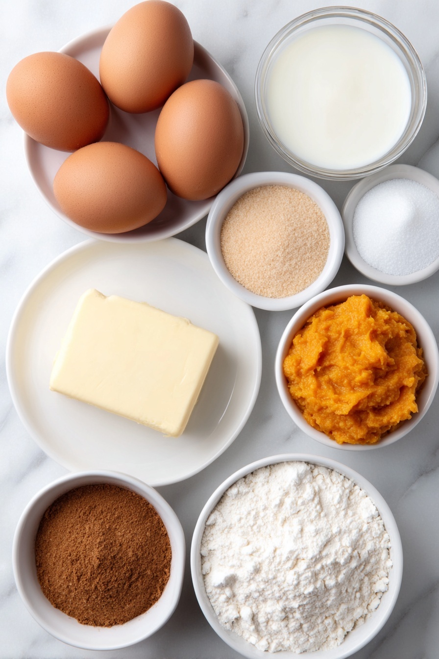 Flat lay of three whole uncracked brown eggs with smooth clean shells, a small pat of golden butter on a white ceramic plate, a small white bowl of bright orange pumpkin puree, a small white bowl of fine white sugar, a small white bowl of light brown soft brown sugar, a small white bowl of creamy white milk, a small white bowl of fine pale yellow corn starch powder, and tiny piles of ground cinnamon, ground ginger, ground nutmeg, and a pinch of allspice each gracefully arranged on a simple white ceramic dish, all ingredients fresh and natural, perfectly symmetrical layout, placed on a clean white marble surface, soft natural light, photo taken with an iPhone, professional food photography style, fresh ingredients, white ceramic bowls, no bottles, no duplicates, no utensils, no packaging --ar 2:3 --v 7 --p m7354615311229779997 - Pumpkin Souffle, pumpkin souffle recipe, fluffy pumpkin dessert, fall pumpkin dessert, easy pumpkin souffle