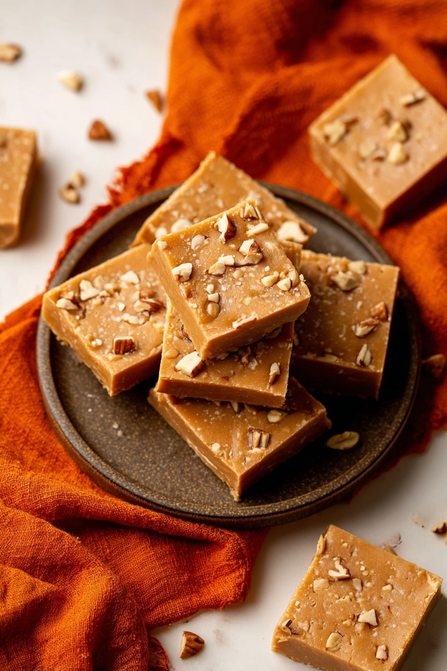 The image shows several square pieces of light brown fudge with a smooth texture, topped with small chopped nuts scattered evenly across the surface. These fudge squares are stacked in two layers on a round dark plate, which rests on a bright orange cloth. Around the plate, a few more fudge squares are placed individually on a white marbled surface, with some loose nut pieces scattered nearby. The fudge pieces each have a thin, firm look with visible nut bits giving a bit of rough texture on top. Photo taken with an iphone --ar 2:3 --v 7 - Pumpkin White Chocolate Fudge, Pumpkin White Chocolate Fudge Recipe, Fall Pumpkin Fudge, Easy Pumpkin Fudge, White Chocolate Pumpkin Treats