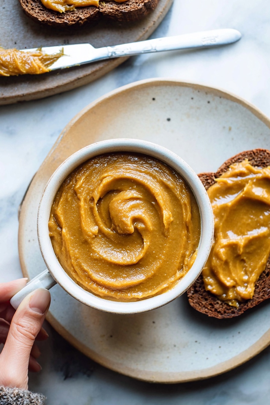 A close-up image shows a white cup filled with smooth, thick, golden-brown spread with a shiny surface. Inside the cup, the spread is swirled, creating a circular pattern in the middle. A knife with a worn, wooden handle is placed on the edge of the cup, its blade coated with the same spread. Next to the cup, there is a piece of toasted bread topped with more of the spread, showing some textured ridges. The dish is set on a white marbled surface with a soft gray cloth nearby. photo taken with an iphone --ar 2:3 --v 7 - Spiced Pumpkin Butter, Pumpkin Butter Recipe, Fall Pumpkin Spread, Homemade Pumpkin Spread, Cozy Pumpkin Flavored Spread