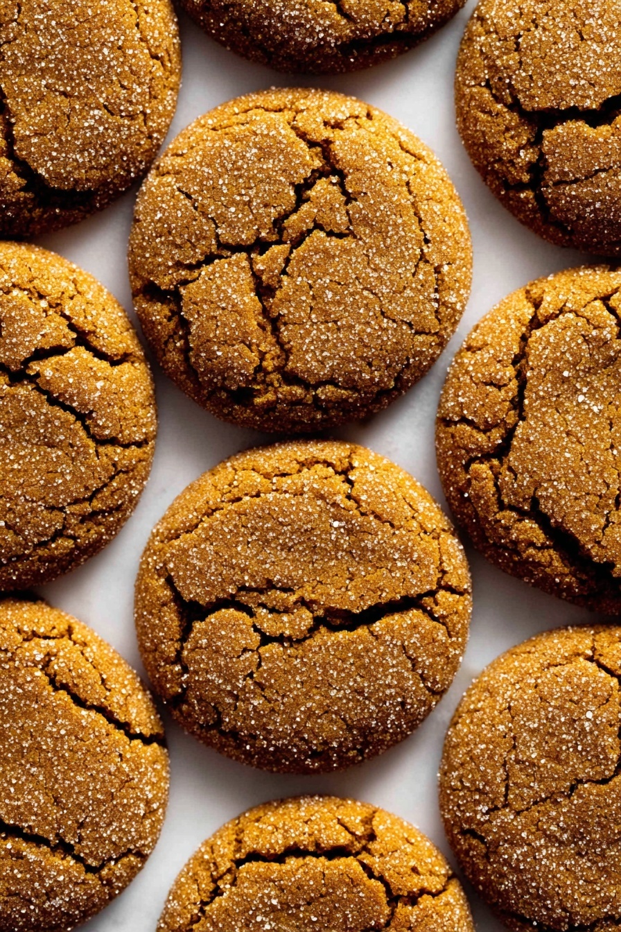 The image shows a close-up view of multiple round ginger cookies arranged tightly together on a white marbled surface. Each cookie has a single layer with a rough, cracked texture and a golden brown color, dusted lightly with granulated sugar that sparkles on top. The edges of the cookies are slightly darker than the centers, and the cracks reveal a soft, slightly darker interior beneath the sugar coating. The cookies fill the frame evenly, showing their uniform size and slightly raised shape. photo taken with an iphone --ar 2:3 --v 7 - Soft Molasses Cookies, soft ginger cookies, chewy holiday cookies, classic molasses cookies, cozy fall dessert