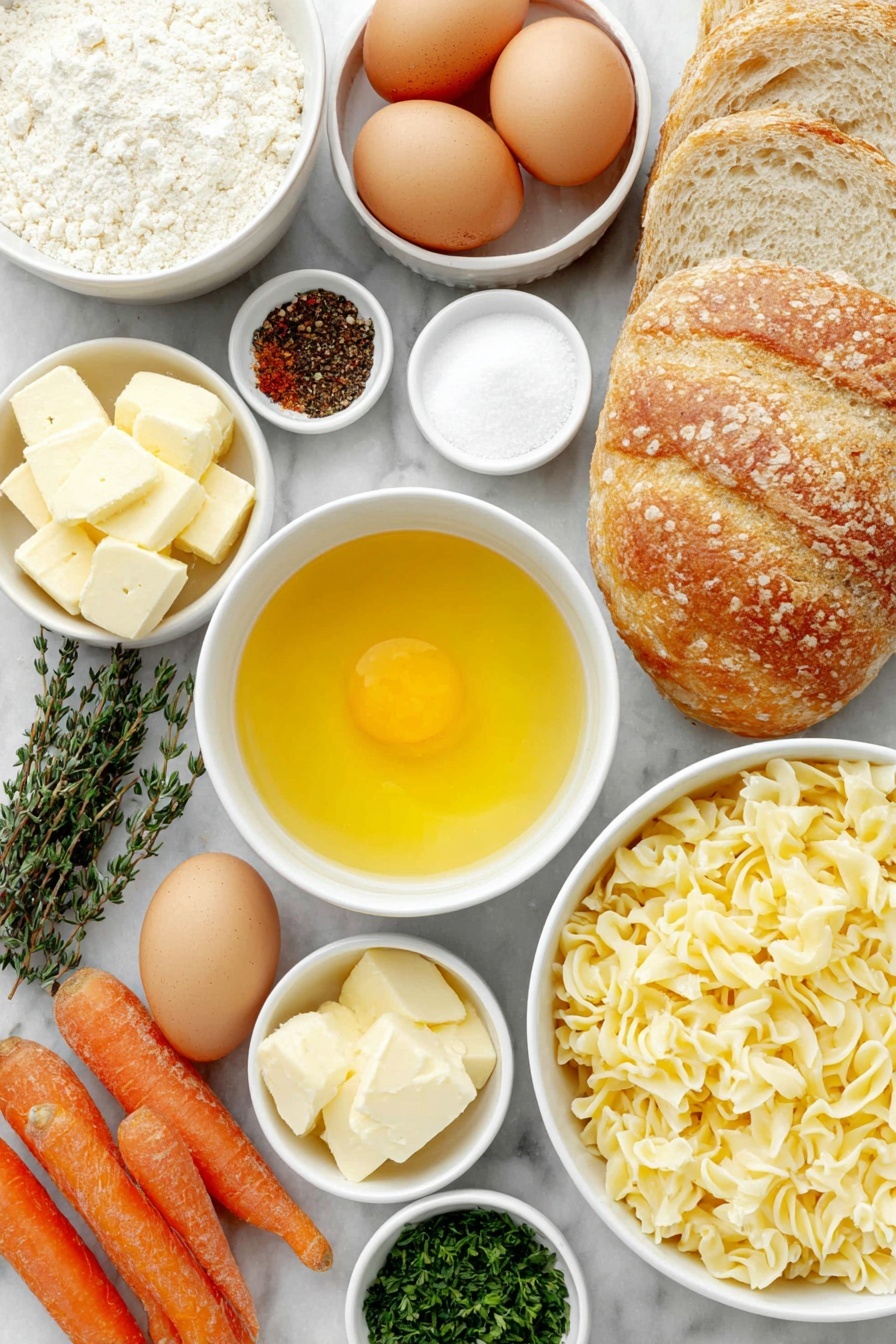 Flat lay of a small white ceramic bowl of extra virgin olive oil, half a yellow onion cut in half, a small white bowl with kosher salt, a small white bowl with black peppercorns, a few tablespoons of salted butter on a white ceramic dish, two cloves of garlic, three fresh orange carrots, a small bundle of fresh thyme sprigs, a small white bowl with ground cayenne pepper, a small white bowl of all purpose flour, a medium white ceramic bowl filled with low sodium chicken broth, a small white ceramic bowl of whole milk, a small white bowl with roughly chopped fresh parsley, two whole uncracked brown eggs, a white dish with three cups of cubed whole grain bread, two cups of uncooked egg noodles, a white plate with cooked shredded chicken pieces, and a small white bowl holding crushed potato chips, all arranged with perfect symmetry and balanced proportions, placed on a clean white marble surface, soft natural light, photo taken with an iPhone, professional food photography style, fresh ingredients, white ceramic bowls, no bottles, no duplicates, no utensils, no packaging --ar 2:3 --v 7 --p m7354615311229779997 - Homemade Chicken Noodle Casserole, chicken noodle casserole, comforting chicken casserole, easy chicken noodle bake, creamy chicken pasta casserole