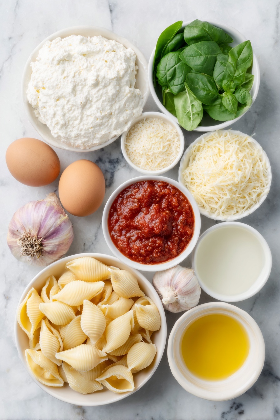Flat lay of fresh baby spinach leaves, a small white bowl of creamy ricotta cheese, a whole brown egg, a small white bowl of finely shredded parmesan cheese, a small white bowl of shredded mozzarella cheese, two whole eschallots with purple skins, four fresh garlic cloves, a fresh green bay leaf, a small white bowl of bright red tomato paste, a small white bowl of smooth tomato passata, a small white bowl of golden olive oil, a small white bowl of dry white wine, a small white bowl of clear vegetable broth, a few sprigs of fresh basil, a cluster of uncooked jumbo conchiglioni pasta shells arranged symmetrically, all placed on a clean white marble surface, soft natural light, photo taken with an iPhone, professional food photography style, fresh ingredients, white ceramic bowls, no bottles, no duplicates, no utensils, no packaging --ar 2:3 --v 7 --p m7354615311229779997 - Spinach Ricotta Stuffed Shells, spinach stuffed shells, cheesy stuffed pasta, baked spinach pasta, vegetarian stuffed shells
