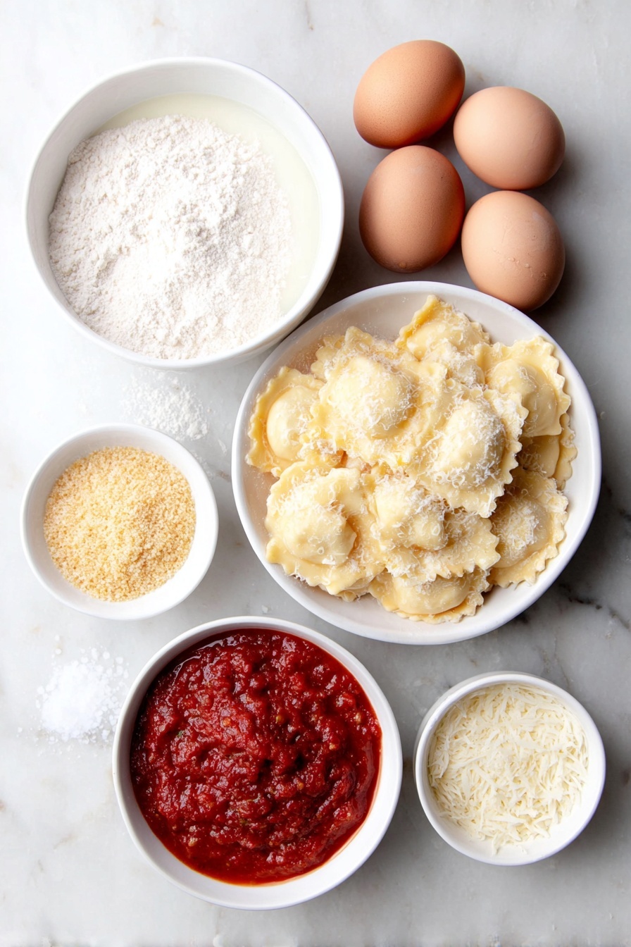 Flat lay of fresh beef ravioli arranged neatly, two whole brown eggs with clean shells, a small white bowl of pale milk, a small white bowl filled with golden Italian seasoned breadcrumbs, a small white bowl with finely grated Parmesan cheese, a small white bowl of vibrant red marinara sauce, and coarse sea salt crystals scattered delicately on the white marble surface, perfect symmetry, soft natural light, photo taken with an iPhone, professional food photography style, fresh ingredients, white ceramic bowls, no bottles, no duplicates, no utensils, no packaging --ar 2:3 --v 7 --p m7354615311229779997 - Crispy Toasted Ravioli with Marinara, toasted ravioli appetizer, crispy ravioli recipe, cheesy toasted ravioli, easy ravioli appetizer