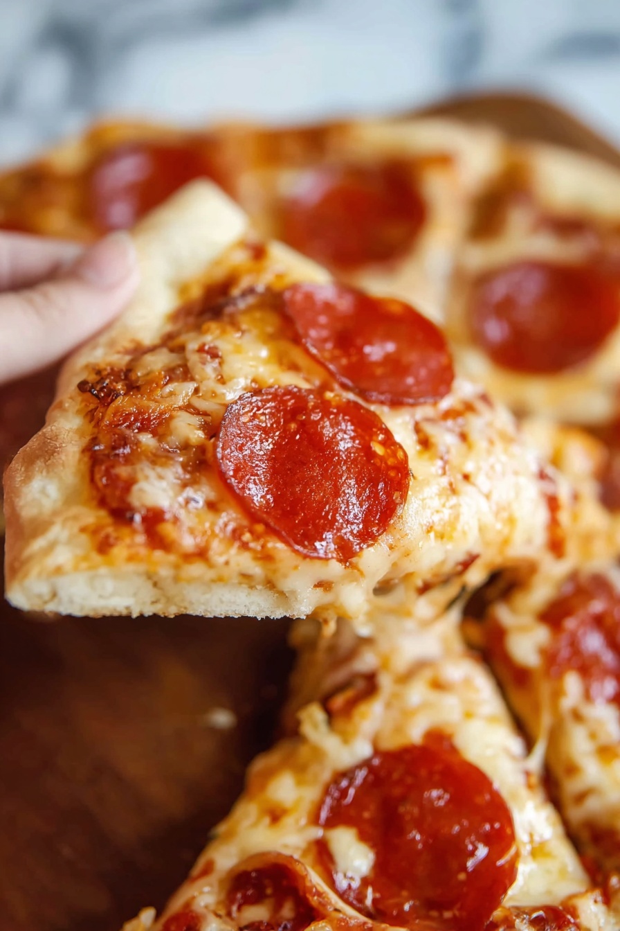 A thin slice of pepperoni pizza is being lifted by a woman's hand, showing three slices of reddish pepperoni on top of melted, light golden cheese. The pizza crust is light brown and slightly fluffy, with a few crispy, darker spots around the edges. The background shows the rest of the pizza, slightly blurred, with more pepperoni slices and melted cheese on top, all on a wooden surface replaced by a white marbled texture. photo taken with an iphone --ar 2:3 --v 7 - Homemade Pepperoni Pizza, homemade pizza recipe, easy pepperoni pizza, quick pizza dough, best homemade pizza