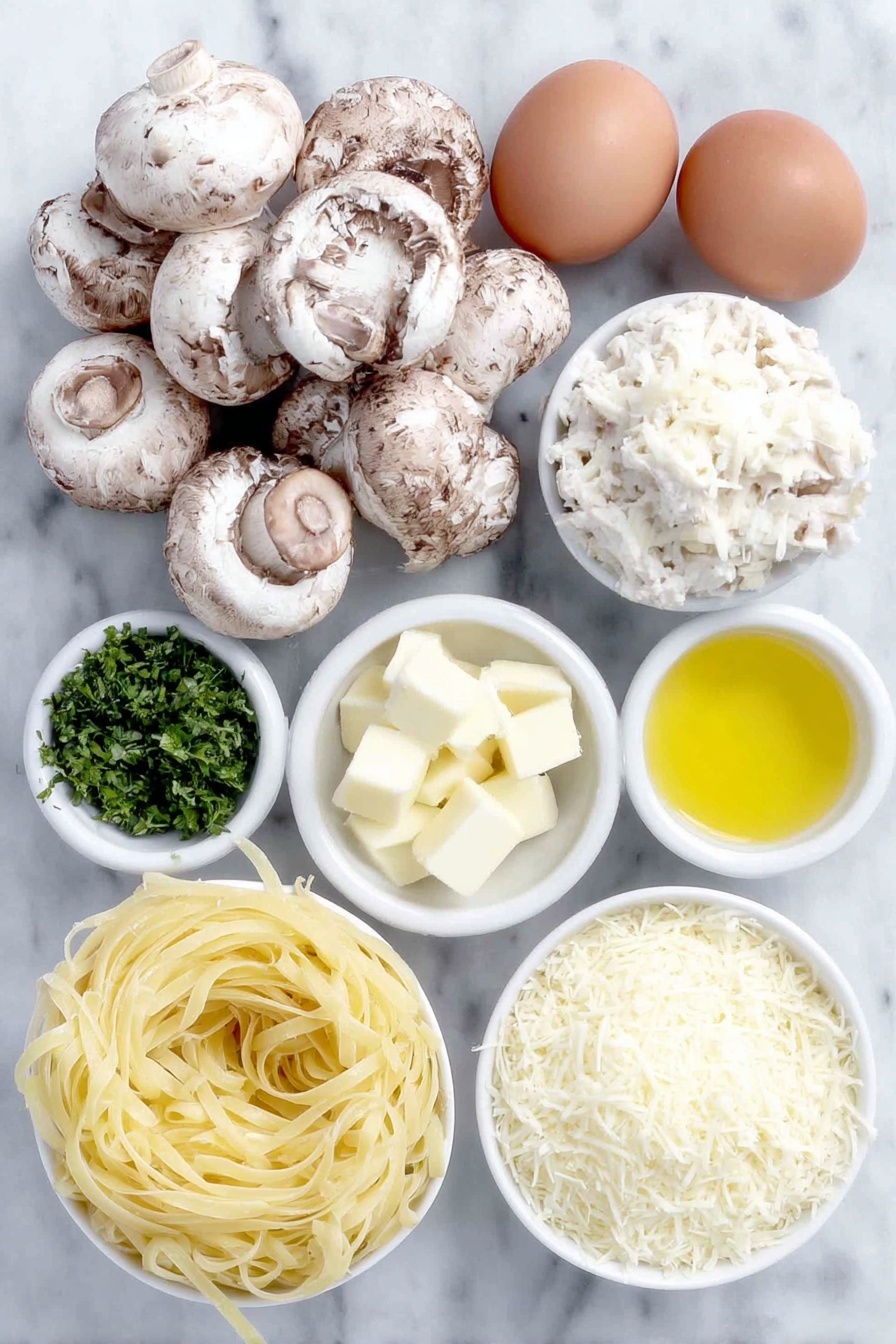 Flat lay of thickly sliced fresh button mushrooms, finely chopped medium onion, four whole garlic cloves with clean skins, two brown eggs with uncracked shells, fresh chopped parsley sprigs, a cluster of shredded rotisserie chicken pieces, a small mound of shredded mozzarella cheese, a nest of uncooked linguine pasta, a small white ceramic bowl filled with golden olive oil, a small white ceramic bowl holding unsalted butter chunks, a small white ceramic bowl containing smooth all-purpose flour, a small white ceramic bowl of light yellow lemon juice, and a small white ceramic bowl with creamy half and half placed on a clean white marble surface, soft natural light, photo taken with an iPhone, professional food photography style, fresh ingredients, white ceramic bowls, no bottles, no duplicates, no utensils, no packaging --ar 2:3 --v 7 --p m7354615311229779997 - Easy Chicken Tetrazzini Bake, chicken tetrazzini casserole, creamy chicken pasta bake, comforting chicken casserole, family-friendly dinner recipes