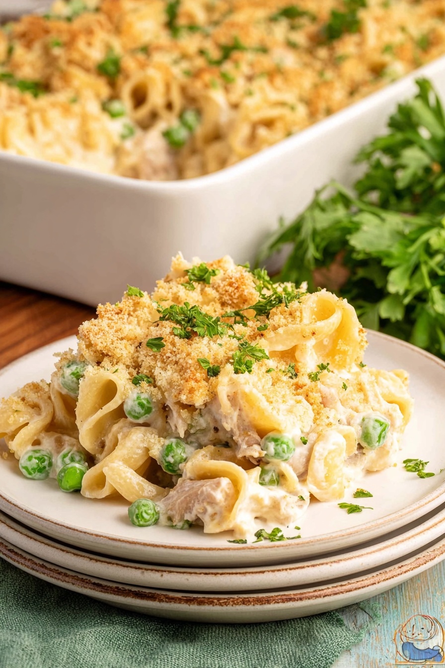 A white rectangular baking dish filled with a baked noodle casserole that has three visible layers: a creamy, light beige sauce mixed with small pieces of pale chicken and green peas forming the bottom and middle layers, topped with a golden brown, crispy breadcrumb crust that is evenly spread and lightly browned. The casserole rests on a white marbled surface with scattered dishes around, including a white bowl with some yellow sauce remnants, a small round bowl with green peas, and a white bowl containing a wooden spoon. Photo taken with an iphone --ar 2:3 --v 7 - Easy Tuna Noodle Casserole, Tuna Noodle Casserole, Cheeseburger Tuna Casserole, Comforting Tuna Pasta Bake, Quick Tuna Casserole Recipe