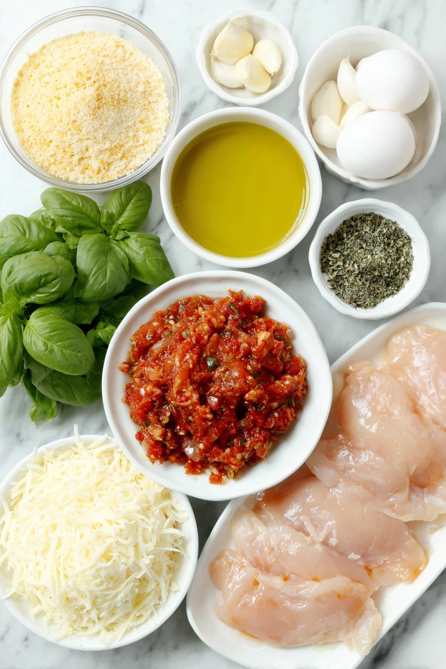 Flat lay of a small white ceramic bowl of extra-virgin olive oil, a finely chopped small yellow onion on a white ceramic plate, six peeled garlic cloves scattered naturally, a small white ceramic bowl filled with crushed ripe red tomatoes, two fresh large sprigs of green basil leaves, a small white ceramic bowl of coarse kosher salt, a small white ceramic bowl of freshly ground black pepper, a white ceramic bowl containing golden panko bread crumbs, a small white ceramic bowl of garlic powder, a white ceramic plate with finely grated pale yellow Parmesan cheese, a small white ceramic bowl of all-purpose flour, two whole uncracked brown eggs, six raw boneless, skinless chicken cutlets with a natural pinkish hue arranged neatly on a white ceramic platter, a small white ceramic bowl of shredded white mozzarella cheese, and a small white ceramic bowl of clear vegetable oil, all placed on a clean white marble surface, soft natural light, photo taken with an iPhone, professional food photography style, fresh ingredients, white ceramic bowls, no bottles, no duplicates, no utensils, no packaging --ar 2:3 --v 7 --p m7354615311229779997 - Easy Chicken Parmesan, chicken parmesan recipe, cheesy chicken parmesan, homemade chicken parmesan, simple chicken parmesan