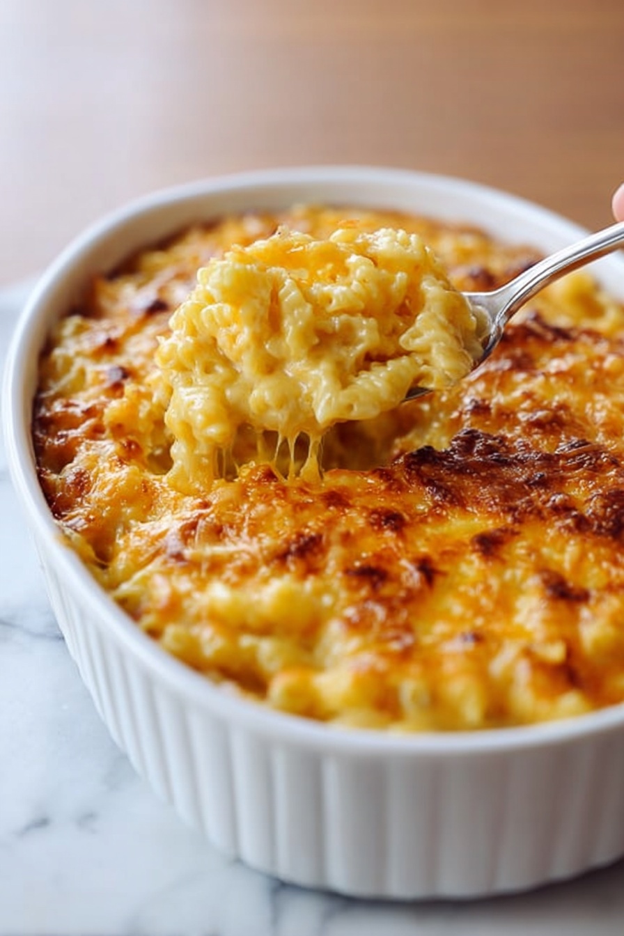 The image shows a white oval baking dish filled with a browned macaroni and cheese casserole. The top layer is golden and slightly crispy with melted cheese covering textured, soft pasta underneath. A woman's hand is holding a serving spoon scooping out a portion, revealing a creamy, cheesy inside with ribbed pasta noodles tightly packed. The dish sits on a white marbled surface with warm natural light highlighting the creamy and crispy details. Photo taken with an iphone --ar 2:3 --v 7 - Creamy Baked Macaroni and Cheese, cheesy baked pasta, homemade mac and cheese, creamy cheese sauce recipe, comfort food favorites