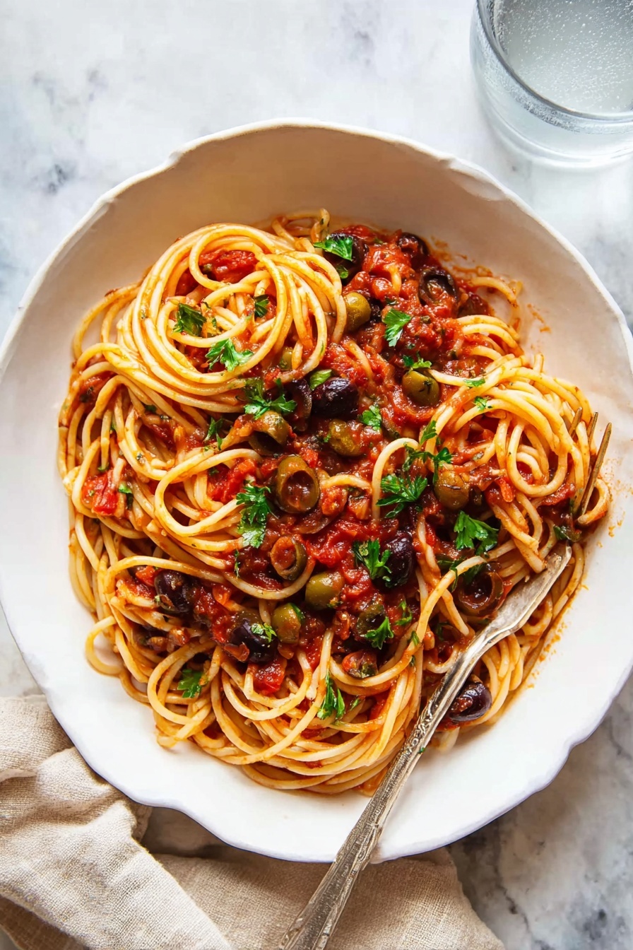 A white scalloped dish filled with a nest of long, thin spaghetti pasta in rich, chunky red tomato sauce mixed with dark, shiny olives and small green capers, topped with scattered fresh green parsley leaves. A silver fork rests inside the pasta, partly twirling some strands in the center. The dish sits on a white marbled surface next to a light beige cloth and a clear glass filled with water. photo taken with an iphone --ar 2:3 --v 7 - Best Pasta Puttanesca, Pasta Puttanesca recipe, Mediterranean pasta dish, quick Italian pasta, flavorful pasta dinner