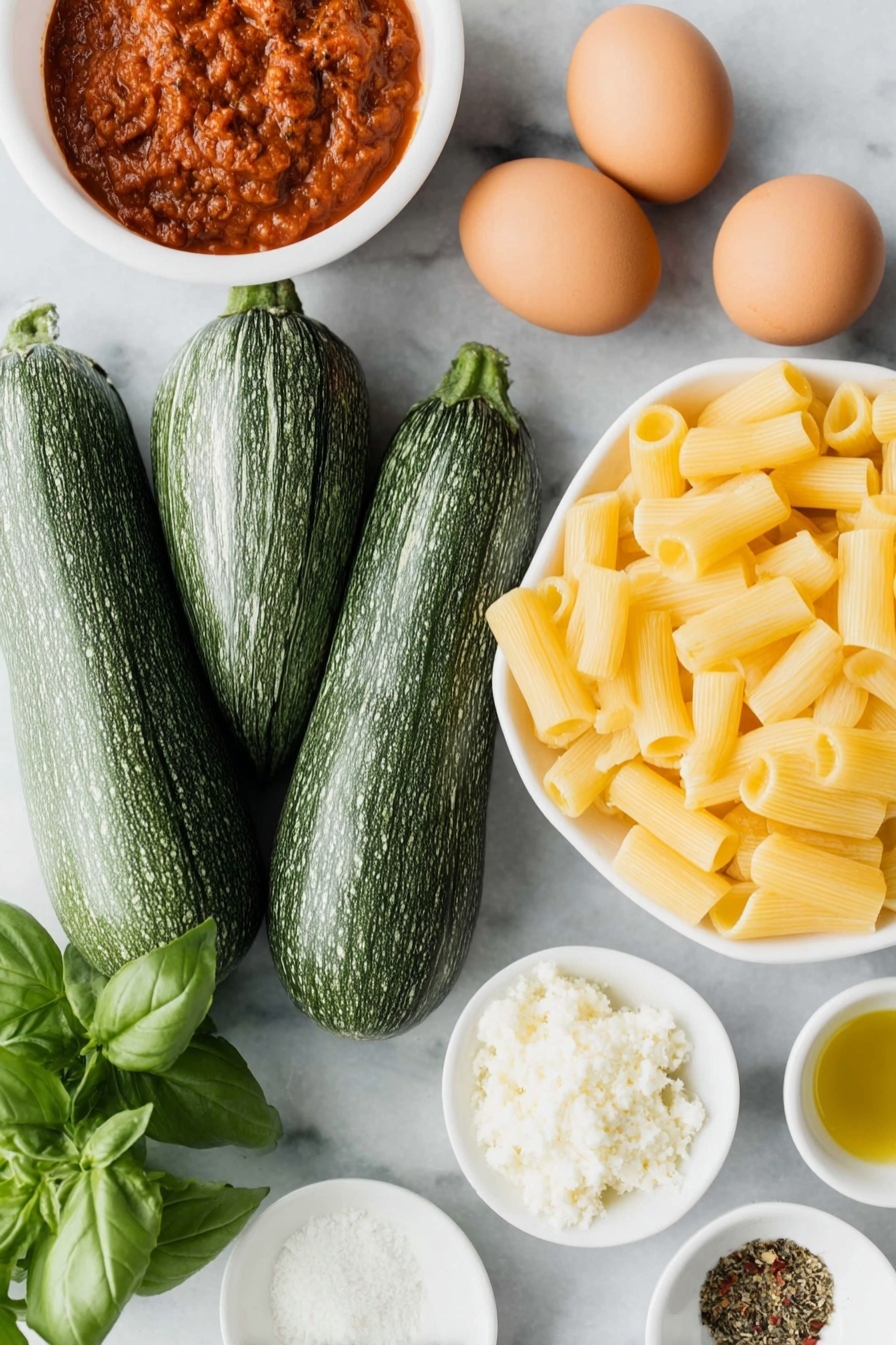 Flat lay of two medium eggplants striped with peeled sections revealing creamy flesh, a small mound of rigatoni pasta, a handful of fresh bright green basil leaves loosely arranged, two whole uncracked brown eggs, a small white ceramic bowl with smooth marinara sauce, a small white ceramic bowl filled with golden extra-virgin olive oil, a small white ceramic bowl containing finely grated pale ricotta salata and Parmesan cheese, a small white ceramic bowl with vibrant red pepper flakes, and a small white ceramic bowl of dried oregano flakes, all ingredients fresh and natural, perfectly balanced in a symmetrical layout, placed on a clean white marble surface, soft natural light, photo taken with an iPhone, professional food photography style, fresh ingredients, white ceramic bowls, no bottles, no duplicates, no utensils, no packaging --ar 2:3 --v 7 --p m7354615311229779997 - Roasted Eggplant Pasta alla Norma, Sicilian eggplant pasta, eggplant pasta with basil and ricotta salata, hearty vegetarian Pasta alla Norma, easy Italian eggplant pasta