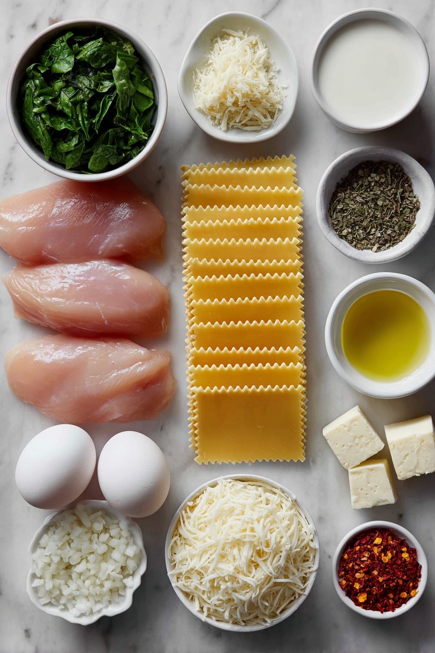 Flat lay of fresh raw chicken tenders, a neat pile of uncooked flat rectangular lasagna sheets, a small white bowl of bright green chopped spinach, a small white bowl filled with freshly grated pale yellow Parmesan cheese, a small white bowl containing shredded white mozzarella cheese, a few whole uncracked brown eggs, a small white bowl of golden olive oil, a small white bowl with peeled minced garlic, a small white bowl of finely chopped white onion, a small white bowl of creamy whole milk, a small white bowl of thick heavy cream, a few sprigs of fresh green parsley, fresh cracked black peppercorns scattered artistically, coarse sea salt crystals sprinkled tastefully, red chili flakes in a small white bowl placed neatly, a small white bowl holding pale yellow unsalted butter cubes, delicate dried Italian herb leaves arranged carefully, all ingredients arranged with perfect symmetry on a clean white marble surface, soft natural light, photo taken with an iPhone, professional food photography style, fresh ingredients, white ceramic bowls, no bottles, no duplicates, no utensils, no packaging --ar 2:3 --v 7 --p m7354615311229779997 - Chicken Alfredo Lasagna, creamy chicken lasagna, cheesy Alfredo lasagna, baked chicken pasta, easy comfort food recipe