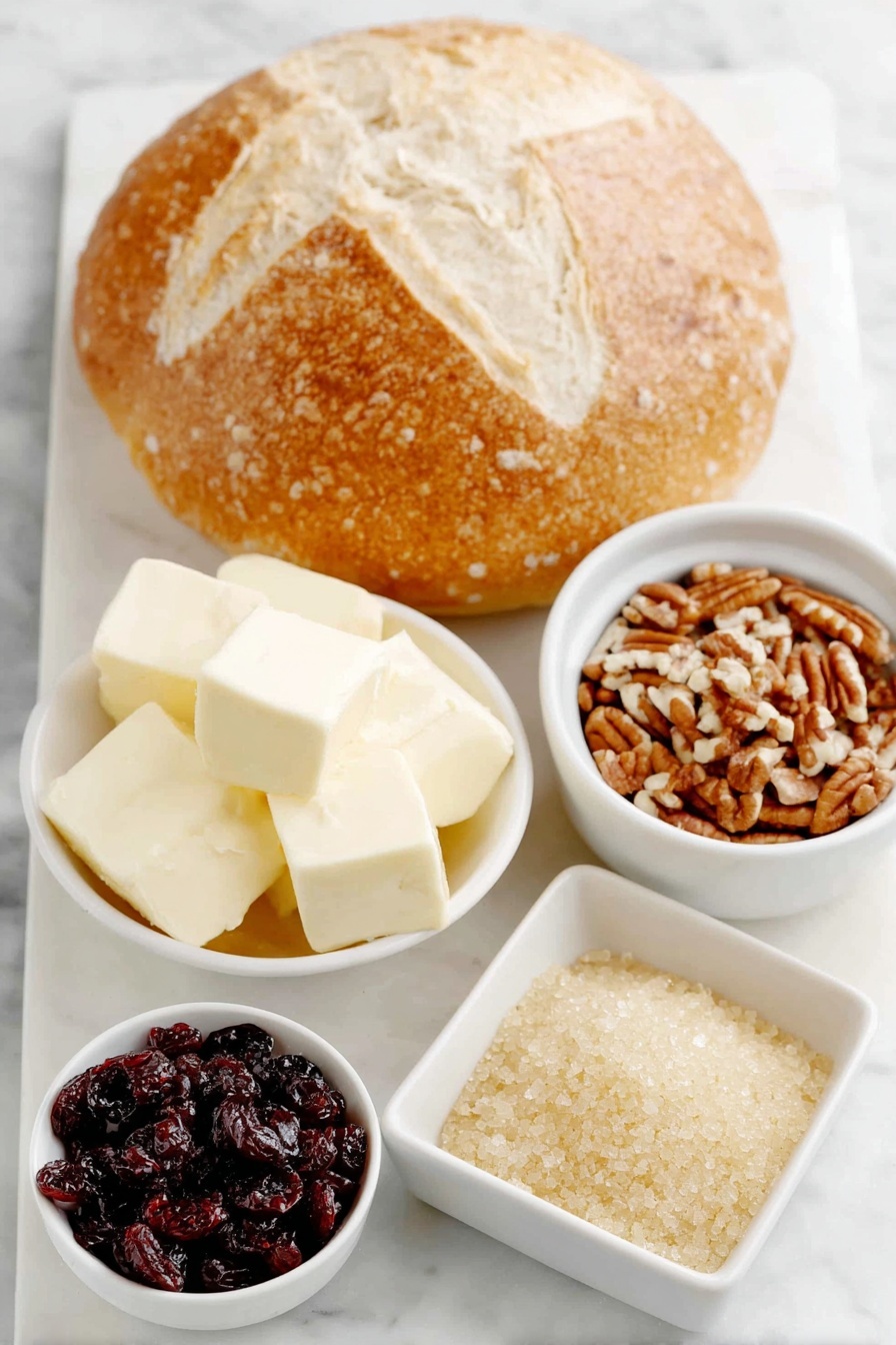 Flat lay of a whole round loaf of sourdough bread with a golden crust, a small white ceramic bowl of cubed creamy brie cheese, a small white bowl filled with glossy dried cranberries, a small white bowl containing coarsely chopped raw pecans, a few tablespoons of smooth butter shaped into neat pats, and a small white bowl holding golden brown sugar crystals, all arranged in perfect symmetry and balanced proportions, placed on a clean white marble surface, soft natural light, photo taken with an iPhone, professional food photography style, fresh ingredients, white ceramic bowls, no bottles, no duplicates, no utensils, no packaging --ar 2:3 --v 7 --p m7354615311229779997 - Cranberry Brie Pull Apart Bread, easy holiday bread, stuffed bread recipes, cheesy cranberry bread, festive appetizer ideas