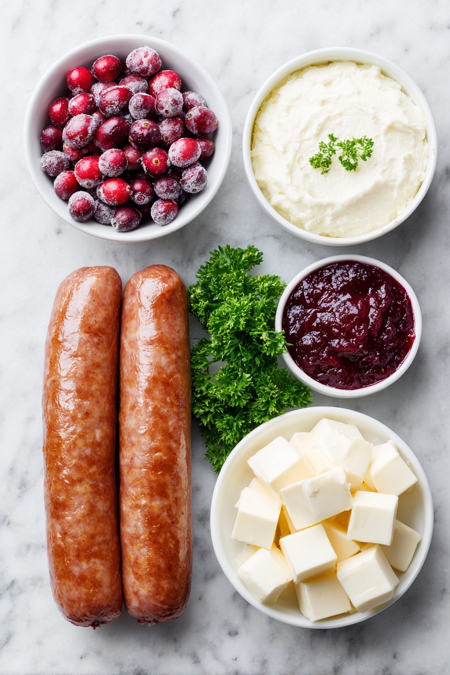 Flat lay of a sliced smoked sausage link with a glossy, browned exterior, a block of creamy white cheddar cheese cut into small cubes neatly arranged, a small white ceramic bowl filled with whole fresh cranberries, another small white bowl containing a smooth red cranberry sauce, and a few sprigs of vibrant green parsley placed delicately, all arranged with perfect symmetry on a clean white marble surface, soft natural light, photo taken with an iPhone, professional food photography style, fresh ingredients, white ceramic bowls, no bottles, no duplicates, no utensils, no packaging --ar 2:3 --v 7 --p m7354615311229779997 - Smoked Sausage Cranberry Bites, smoked sausage appetizer, cranberry snack recipe, easy party appetizers, savory plus sweet finger foods