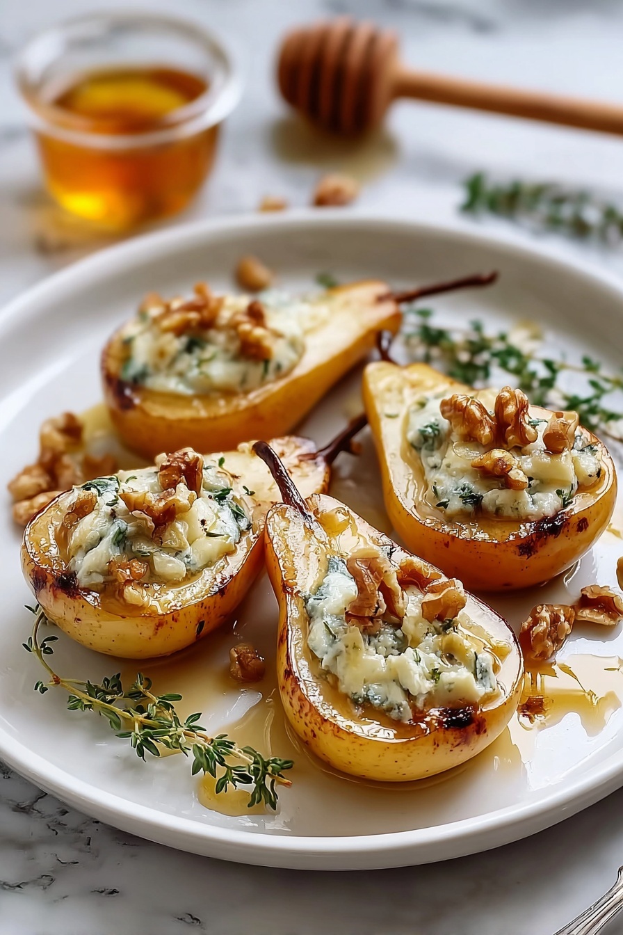 The image shows four pear halves placed on a white oval plate over a white marbled surface. Each pear half is golden-brown on the edges with a soft, grilled texture and is filled with a creamy, white cheese mixed with blue veins, topped with small pieces of chopped walnuts and green thyme leaves. Around the pears, there are scattered walnut pieces and thyme sprigs. In the background, slightly to the left, there is a glass bowl filled with honey and a wooden honey dipper resting inside. The lighting highlights the glossy honey drizzled over the pears and the overall rustic yet fresh presentation. Photo taken with an iphone --ar 2:3 --v 7 - Blue Cheese Stuffed Pears, elegant appetizer, easy pear appetizer, quick blue cheese appetizer, gourmet pear snack