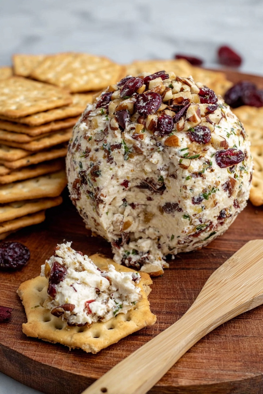 A round cheese ball covered with chopped nuts and dried cranberries sits on a wooden board. It has a creamy white inside mixed with bits of nuts and dried fruits visible both on the ball and on a cracker placed in front. The crackers are light brown with small holes and a slightly rough texture, stacked in sets nearby. A wooden spreader with a smooth texture lies next to the crackers. The whole scene is set on a white marbled surface. photo taken with an iphone --ar 2:3 --v 7 - Cranberry Pecan Cheese Ball, Cranberry Pecan Cheese Ball appetizer, holiday cheese ball recipe, easy cheese ball for parties, festive cheese ball ideas