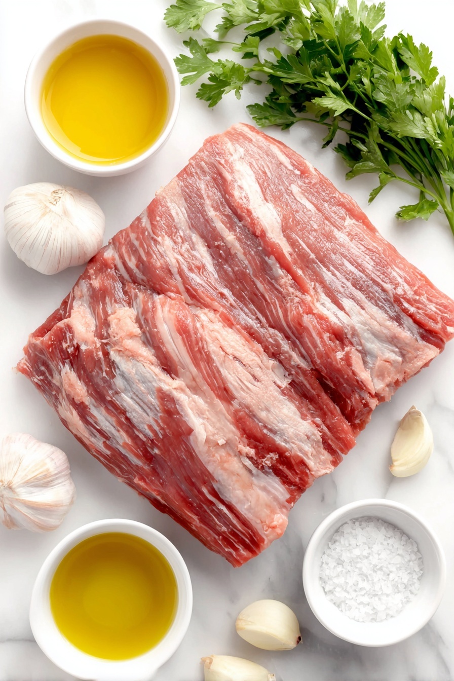 Flat lay of a fresh whole flank steak with deep red marbled meat, two peeled whole garlic cloves, a small bunch of vibrant green parsley, a small bunch of fresh bright green cilantro, small white ceramic bowls containing clear avocado oil and bright yellow fresh lemon juice, a small white bowl of coarse salt, all arranged symmetrically and naturally on a clean white marble surface, soft natural light, photo taken with an iPhone, professional food photography style, fresh ingredients, white ceramic bowls, no bottles, no duplicates, no utensils, no packaging --ar 2:3 --v 7 --p m7354615311229779997 - Perfect Chimichurri Flank Steak, Chimichurri Flank Steak Recipe, Flank Steak with Chimichurri, Easy Chimichurri Steak, Grilled Flank Steak with Chimichurri