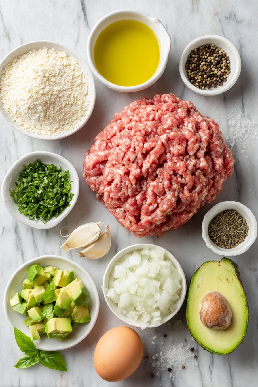 Flat lay of a small pile of fresh ground lamb, a small white ceramic bowl of fine breadcrumbs, one whole uncracked brown egg with a clean shell, a small white ceramic bowl of olive oil, a small white ceramic bowl of plain Greek yogurt, one small onion finely chopped, one small red chili pepper whole, one small avocado cut into chunks with bright green flesh, a small white ceramic bowl of roughly chopped fresh basil leaves, a small white ceramic bowl of roughly chopped fresh parsley, one garlic clove whole and unpeeled, a small white ceramic bowl of lemon juice, a few loose cumin seeds and coriander seeds scattered naturally, freshly ground black peppercorns, and a few pinches of coarse salt, all arranged in perfect symmetry on a clean white marble surface, soft natural light, photo taken with an iPhone, professional food photography style, fresh ingredients, white ceramic bowls, no bottles, no duplicates, no utensils, no packaging --ar 2:3 --v 7 --p m7354615311229779997 - Spicy Lamb Meatballs with Green Herb Dip, lamb meatball recipes, spicy lamb dishes, green herb dip ideas, flavorful lamb appetizer
