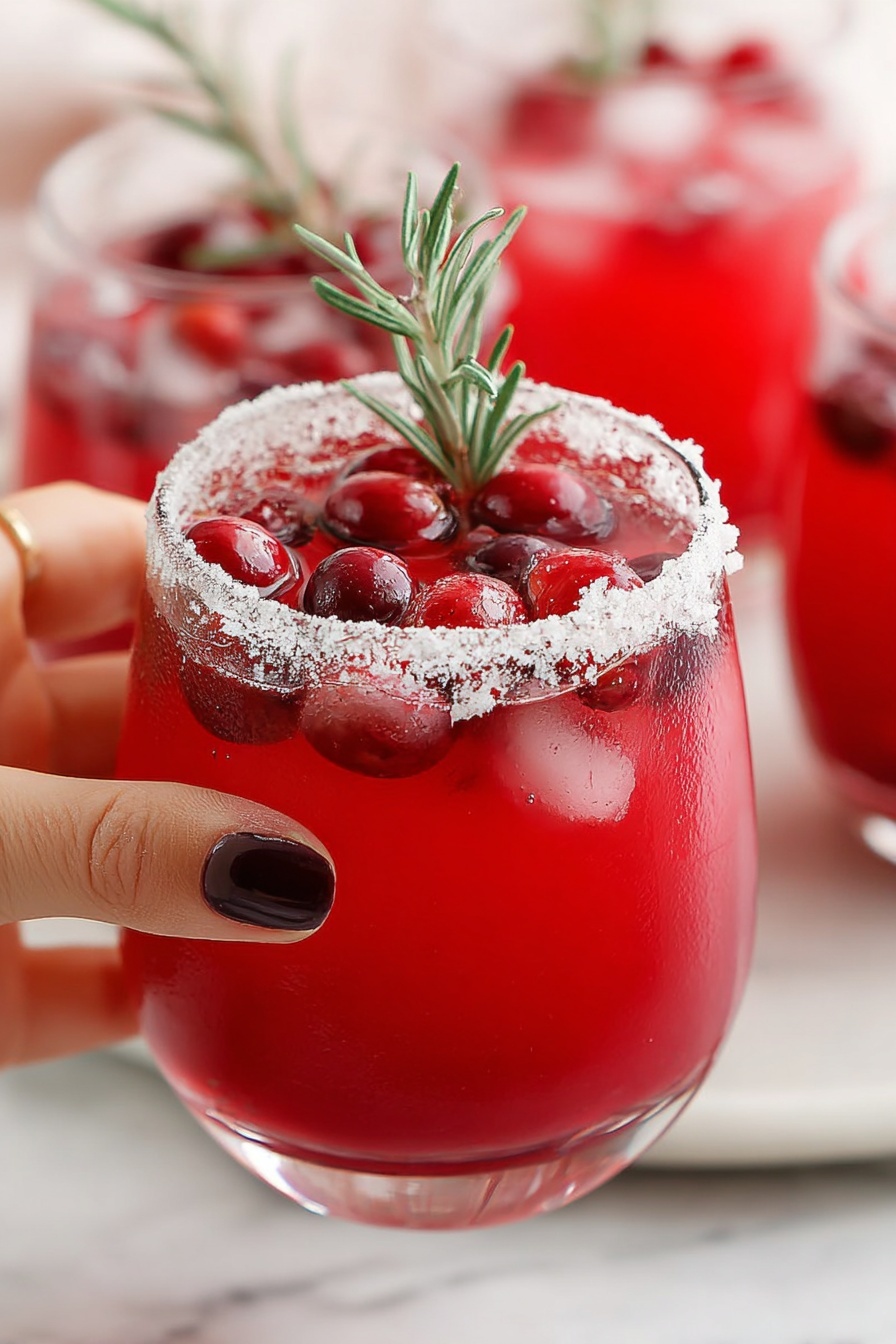 A close-up of a clear glass filled with bright red drink, showing about three layers: the bottom layer is a rich red liquid, the middle layer features floating whole red cranberries and crushed ice, and the top layer has a frosted sugar rim on the glass edge along with a small green sprig of rosemary dusted with sugar standing up in the drink. A woman’s hand with dark red nail polish is holding the glass from the left side. The background shows more glasses filled with the same drink, all placed on a white marbled surface. photo taken with an iphone --ar 2:3 --v 7 - Cranberry Mistletoe Margarita, holiday margarita recipe, festive cranberry cocktail, easy holiday cocktails, Christmas margarita ideas