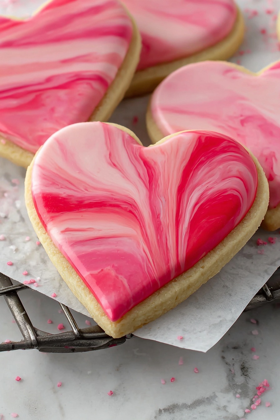 The image shows heart-shaped cookies with two layers: a bottom beige cookie layer that looks soft and thick, topped with a smooth, glossy icing layer that has red and pink swirled colors creating a marble effect. The cookies rest on white parchment paper on a dark metal rack, all set on a white marbled surface. The overall look is sweet and colorful, with the swirl pattern giving each cookie a unique design photo taken with an iphone --ar 2:3 --v 7 - Marbled Sugar Cookies with Royal Icing, colorful sugar cookies, easy cookie decorating, elegant holiday cookies, homemade decorative cookies