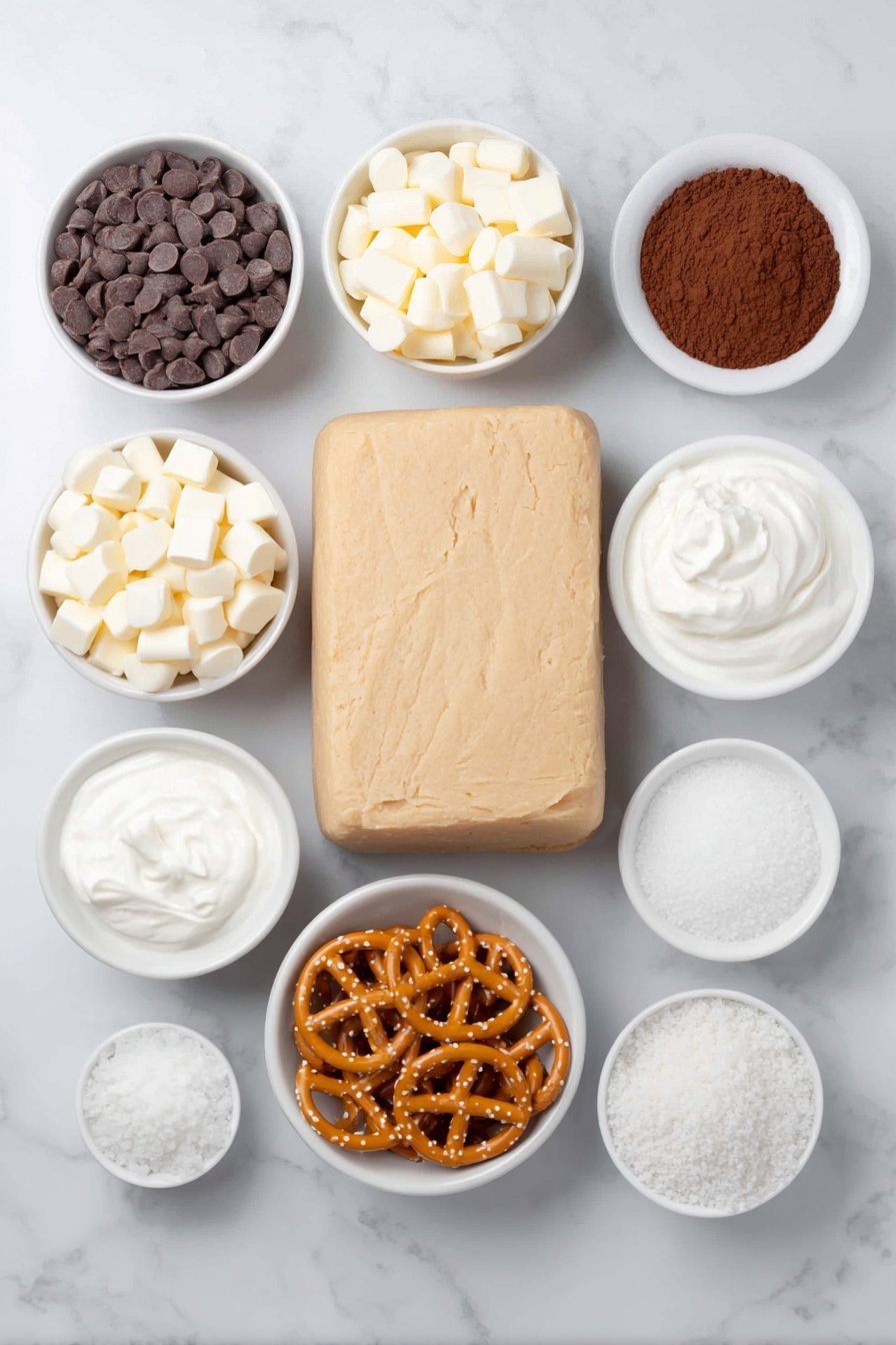 Flat lay of a small bowl of smooth semi-sweet chocolate chips, a small bowl of creamy white chocolate chips, a small bowl of fine hot cocoa powder, a small bowl of thick heavy whipping cream, a handful of fresh golden mini pretzels, a small mound of white mini marshmallow bits, a block of natural pale beige sugar cookie dough unwrapped and intact, all arranged symmetrically on simple white ceramic bowls and plates, placed on a clean white marble surface, soft natural light, photo taken with an iPhone, professional food photography style, fresh ingredients, white ceramic bowls, no bottles, no duplicates, no utensils, no packaging --ar 2:3 --v 7 --p m7354615311229779997 - Hot Chocolate Cookie Cups, chocolate cookie cups with marshmallows, easy hot chocolate dessert, cozy cookie cup recipe, indulgent hot chocolate treats
