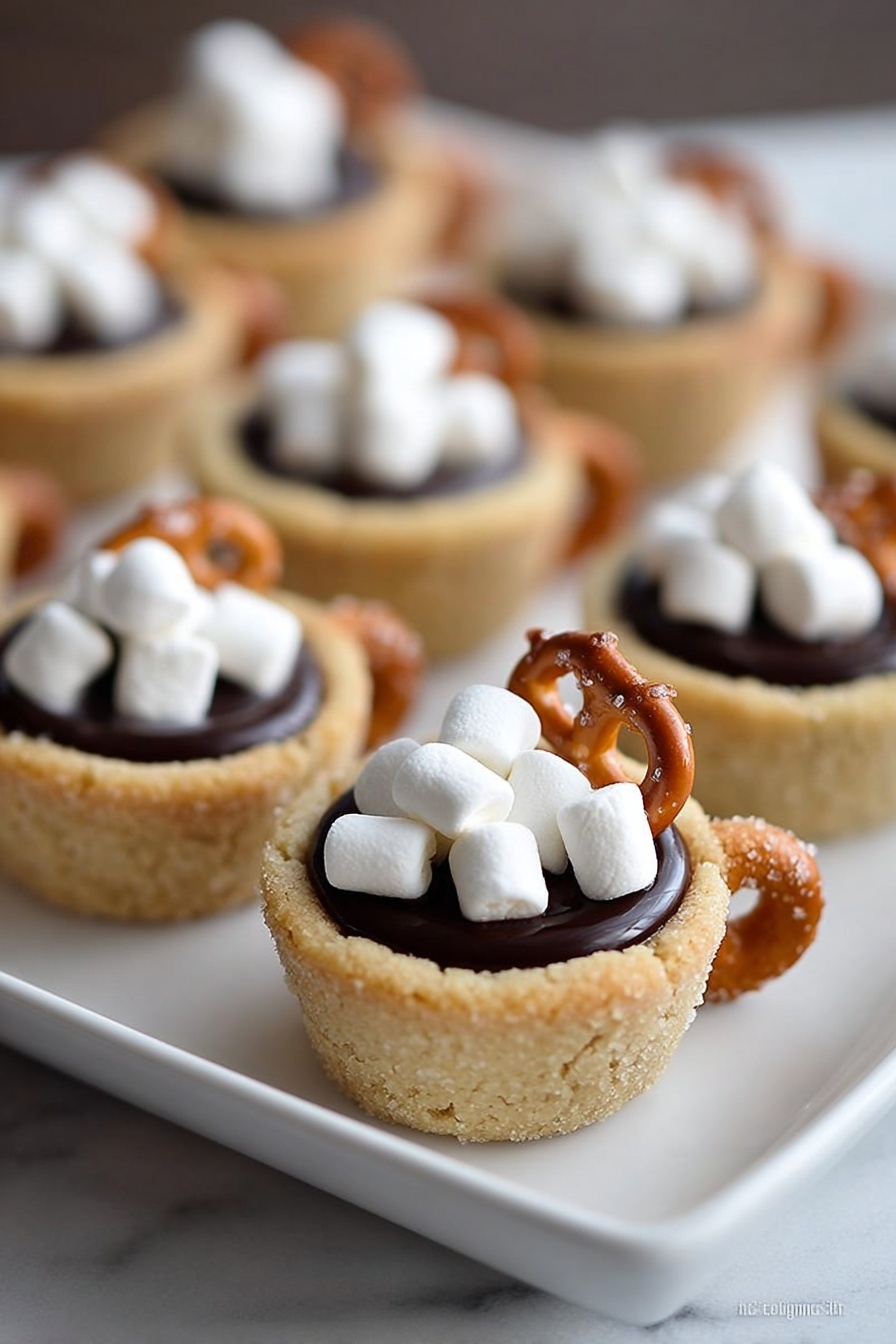 A woman's hand holds a small cookie cup shaped like a mug, with a light golden-brown outer layer that looks soft and crumbly. Inside the cookie cup is a dark, glossy chocolate filling that is smooth and shiny, topped with several small white mini marshmallows scattered softly on top. Attached to the side of the cookie cup is a small pretzel piece that mimics the handle of a mug, with a light brown color and a slightly rough texture. The background is a white marbled surface. photo taken with an iphone --ar 2:3 --v 7 - Hot Chocolate Cookie Cups, chocolate cookie cups with marshmallows, easy hot chocolate dessert, cozy cookie cup recipe, indulgent hot chocolate treats