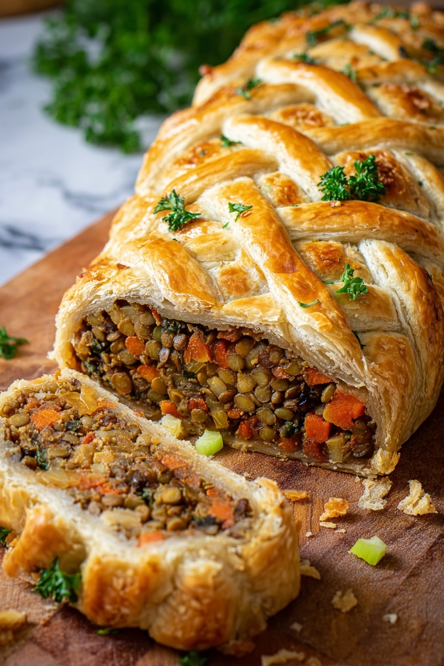 The image shows a golden brown pastry with a crisscross pattern on top, filled with a rich mixture of lentils, diced carrots, celery, and leafy greens. The pastry is baked to a flaky, crisp texture with crumbs scattered around. A slice of the pastry is cut and laid in the foreground on a wooden board, revealing the layered filling inside, which has earthy tones of brown, orange, and green. A woman's hand holding a fork is lifting a bite from the slice. Some small pieces of celery and carrots are scattered on the wooden board, and the background shows a soft cloth with greens blurred behind. The photo taken with an iphone --ar 2:3 --v 7 - Vegan Lentil Wellington, plant-based Wellington, vegan puff pastry entrée, vegetarian holiday dinner, vegan savory pie