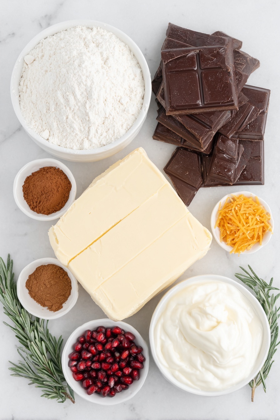 Flat lay of plain flour in a small mound, a block of vegan butter with a smooth creamy texture, a small white ceramic bowl filled with thick dark molasses, a small white bowl holding ground ginger powder, a small white bowl with ground cinnamon, a small white bowl containing allspice powder, a small white bowl with ground nutmeg, a tiny pile of coarse sea salt crystals, a few strands of bright orange zest, chunks of dark chocolate neatly arranged, a small white bowl filled with thick coconut cream, a small white bowl of pure maple syrup, a small white bowl with fresh pomegranate seeds, a small sprig of fresh rosemary, placed on a clean white marble surface, soft natural light, photo taken with an iPhone, professional food photography style, fresh ingredients, white ceramic bowls, no bottles, no duplicates, no utensils, no packaging --ar 2:3 --v 7 --p m7354615311229779997 - Vegan Gingerbread Chocolate Tart, vegan gingerbread dessert, holiday chocolate tart, festive vegan dessert, gluten-free gingerbread tart