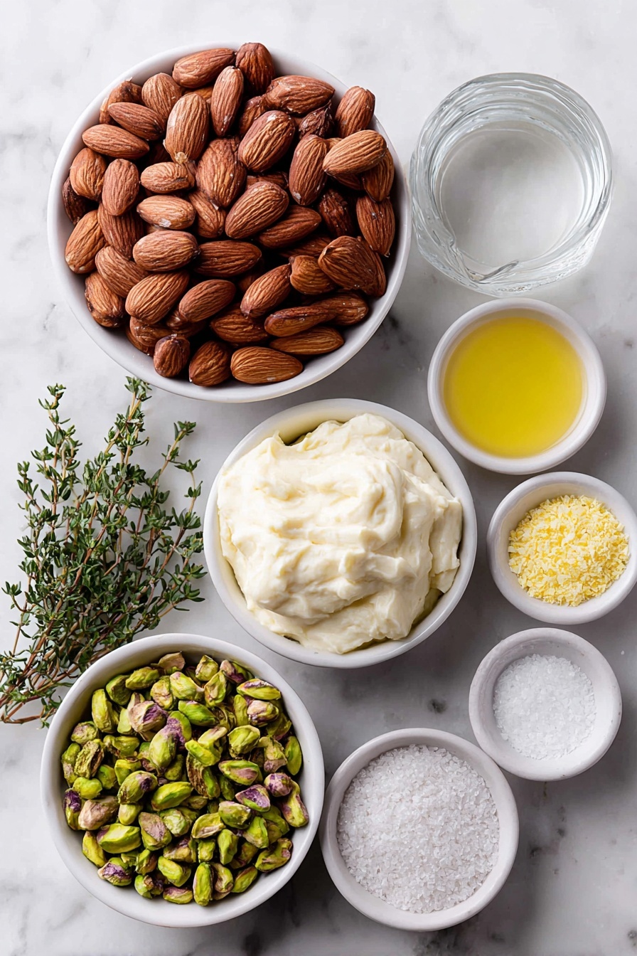 Flat lay of soaked whole almonds with skins intact, a small white ceramic bowl of smooth cashew cream cheese, a small white bowl filled with crushed vibrant green pistachios, fresh bright green chopped chives, fresh thyme sprigs with small green leaves, a small white bowl containing clear water, a small white bowl of freshly squeezed lemon juice with visible pulp, a small white bowl of white miso paste with soft texture, a small white bowl of golden nutritional yeast flakes, a small white bowl of fine white garlic powder, a small white bowl of coarse white salt, all arranged symmetrically on a clean white marble surface, soft natural light, photo taken with an iPhone, professional food photography style, fresh ingredients, white ceramic bowls, no bottles, no duplicates, no utensils, no packaging --ar 2:3 --v 7 --p m7354615311229779997 - Vegan Herb Cheese Ball, vegan cheese ball recipe, dairy-free appetizer, plant-based cheese ball, herbed vegan cheese dip