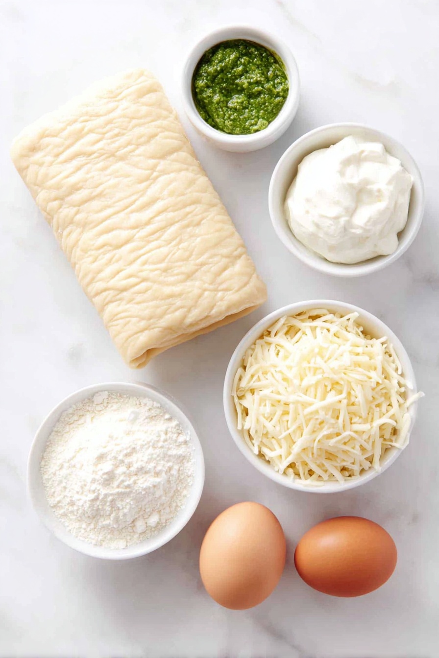 Flat lay of a sheet of fresh, golden puff pastry dough neatly rolled out on a simple white ceramic plate, a small white bowl filled with vibrant green basil pesto, another small white bowl containing smooth, creamy white cream cheese, a third small white bowl with a generous handful of shredded pale yellow cheese, and two whole brown eggs with clean shells, all arranged in perfect symmetry and balanced proportions, placed on a clean white marble surface, soft natural light, photo taken with an iPhone, professional food photography style, fresh ingredients, white ceramic bowls, no bottles, no duplicates, no utensils, no packaging --ar 2:3 --v 7 --p m7354615311229779997 - Pesto Puff Pastry Christmas Trees, holiday appetizer recipes, festive puff pastry bites, Christmas party finger foods, easy holiday appetizers