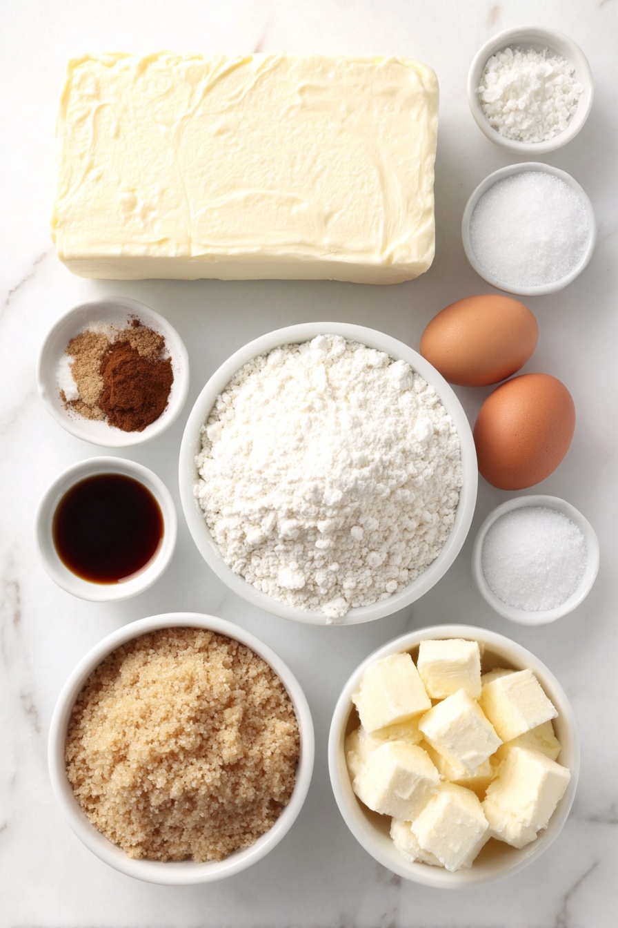Flat lay of a small block of cold cream cheese, a small white ceramic bowl filled with granulated white sugar, a small white ceramic bowl containing ground ginger, ground cinnamon, ground allspice, ground nutmeg, and ground cloves mixed together, a mound of all-purpose flour, a small white ceramic bowl with baking soda and salt beside it, a chunk of softened unsalted butter, a heap of packed light brown sugar, two whole uncracked brown egg yolks, a small white ceramic bowl of dark unsulphured molasses, and a small white ceramic bowl with clear vanilla extract, arranged symmetrically on a clean white marble surface, soft natural light, photo taken with an iPhone, professional food photography style, fresh ingredients, white ceramic bowls, no bottles, no duplicates, no utensils, no packaging --ar 2:3 --v 7 --p m7354615311229779997 - Gingerbread Cheesecake Cookies, holiday cookie recipes, festive dessert ideas, gingerbread cookie variations, easy holiday baking