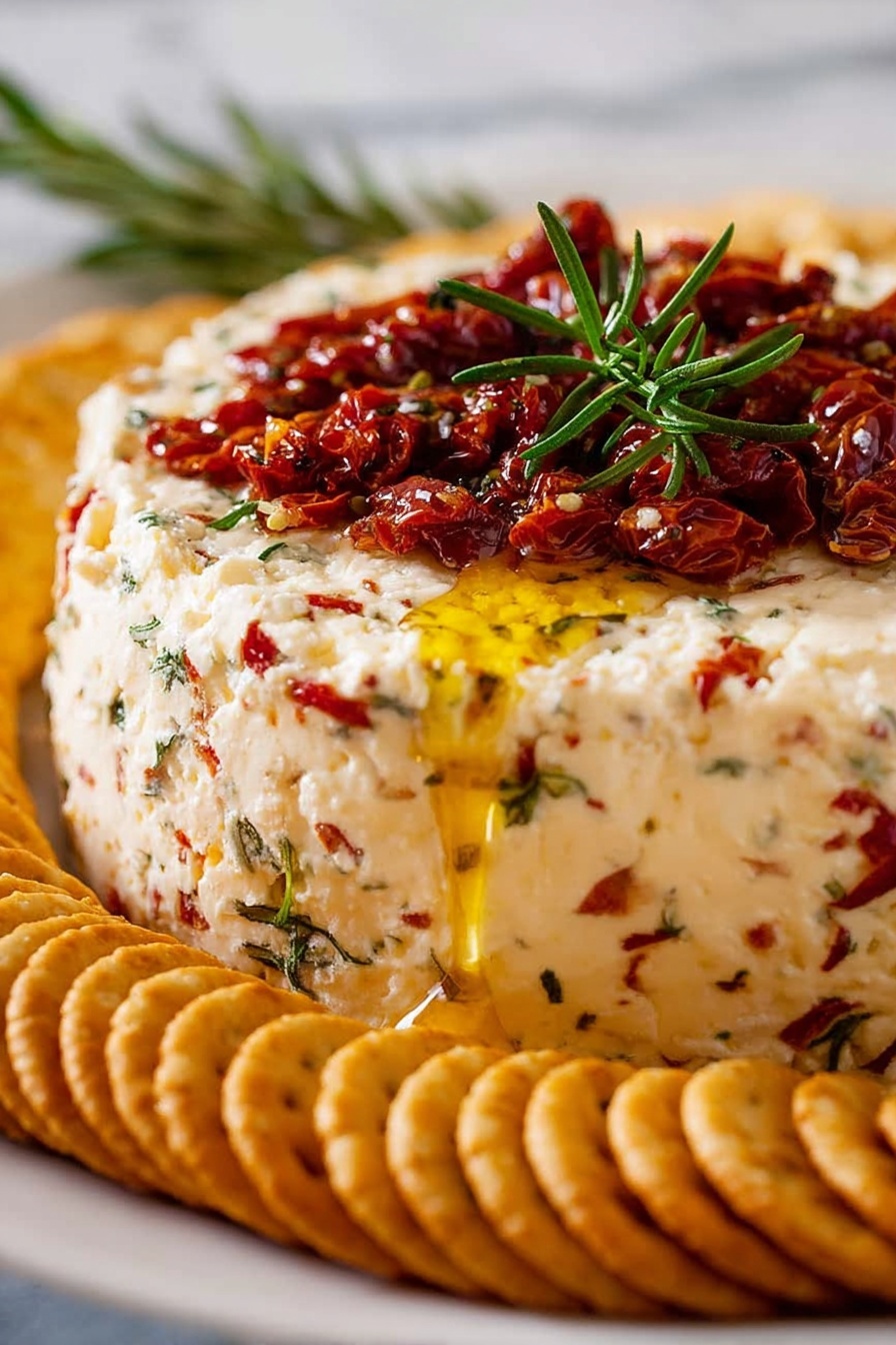 The image shows a thick, round layer of creamy cheese mixed with bits of herbs and red peppers. On top, there is a layer of oily, glossy sun-dried tomatoes garnished with fresh rosemary sprigs. A golden stream of oil is dripping down the side from the top layer onto the cheese. Around the cheese, there is a ring of round, golden, crispy crackers arranged in a curved line. The dish is set on a white plate, placed on a white marbled surface. photo taken with an iphone --ar 2:3 --v 7 - Italian Cheese Loaf Appetizer, cheese loaf appetizer, savory Italian cheese dish, herby cheese appetizer, festive cheese appetizer