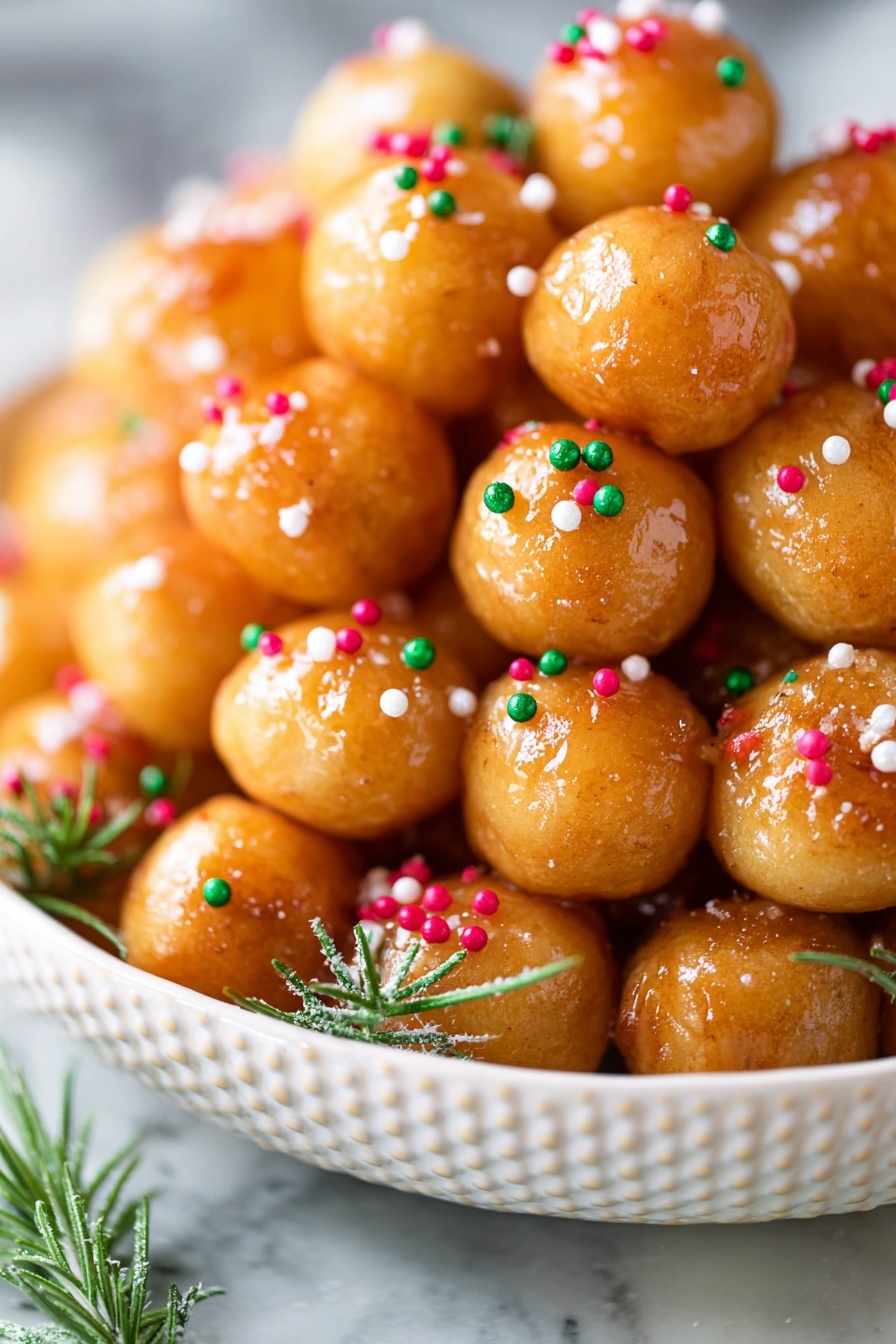 This image shows a close-up of many small, round, golden brown dough balls stacked together in a white bowl with a textured design. The dough balls are shiny with a sticky glaze and topped with small, colorful sprinkles in red, white, green, and pink, including tiny green holly-shaped sprinkles. Around the bowl, there are some green rosemary sprigs with a light dusting of sugar. The background is a white marbled texture. photo taken with an iphone --ar 2:3 --v 7 - Italian Honey Balls (Struffoli) Dessert, Italian Honey Balls, Struffoli Recipe, Holiday Italian Treats, Easy Italian Sweets