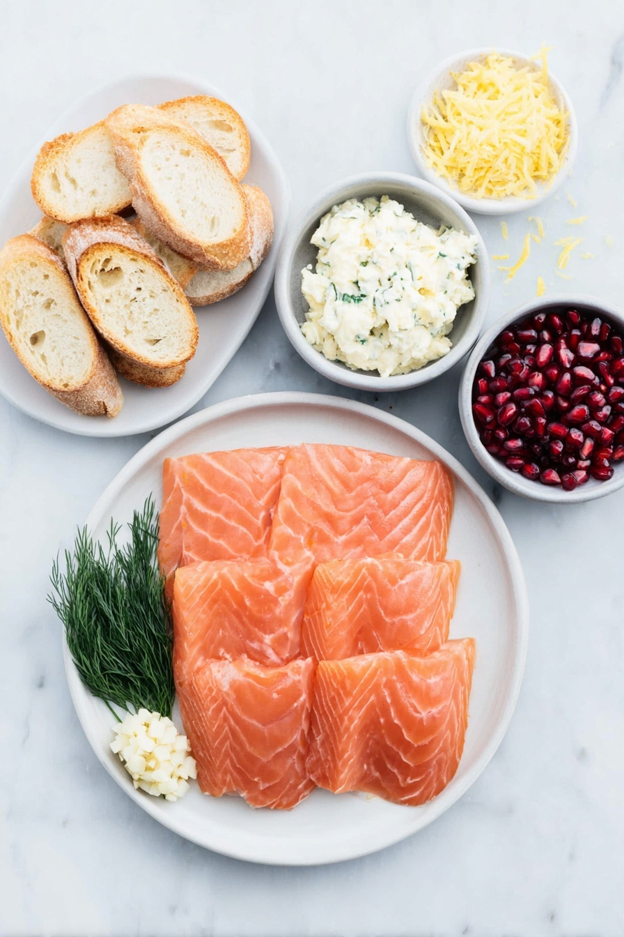 Flat lay of thinly sliced smoked salmon arranged delicately, a single peeled garlic clove minced, a small mound of softened cream cheese in a white ceramic bowl, fresh dill sprigs finely chopped, a simple white ceramic plate holding several toasted baguette slices cut into bite-sized rounds, a small white bowl with bright lemon zest shreds, a small white bowl filled with ruby-red pomegranate arils, placed on a clean white marble surface, soft natural light, photo taken with an iPhone, professional food photography style, fresh ingredients, white ceramic bowls, no bottles, no duplicates, no utensils, no packaging --ar 2:3 --v 7 --p m7354615311229779997 - Smoked Salmon Bruschetta Wreath, smoked salmon appetizer, holiday appetizer ideas, festive bruschetta recipe, easy party appetizer
