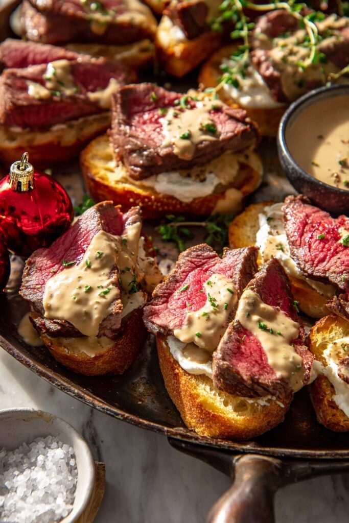 Beef Tenderloin Crostini with Parmesan Wine Sauce Recipe