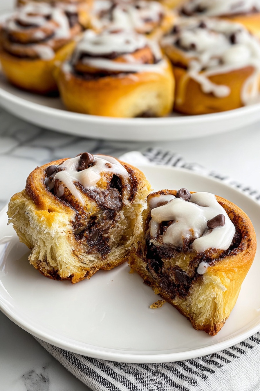 The image shows a close-up of two cinnamon rolls on a white plate with one roll cut in half showing its inside with visible layers. The rolls have multiple layers of golden brown dough with dark brown cinnamon filling swirled inside. They are topped with white icing that is drizzled over them and small chocolate chips scattered on the icing. In the background, there is a white plate holding more cinnamon rolls that are perfectly formed with the same layers and toppings. The setting is on a white marbled surface with a striped cloth under the plates. photo taken with an iphone --ar 2:3 --v 7 - Chocolate Crescent Cruffins with Cinnamon, crescent cruffin recipe, cinnamon and chocolate pastry, flaky cinnamon swirl pastry, easy breakfast pastry