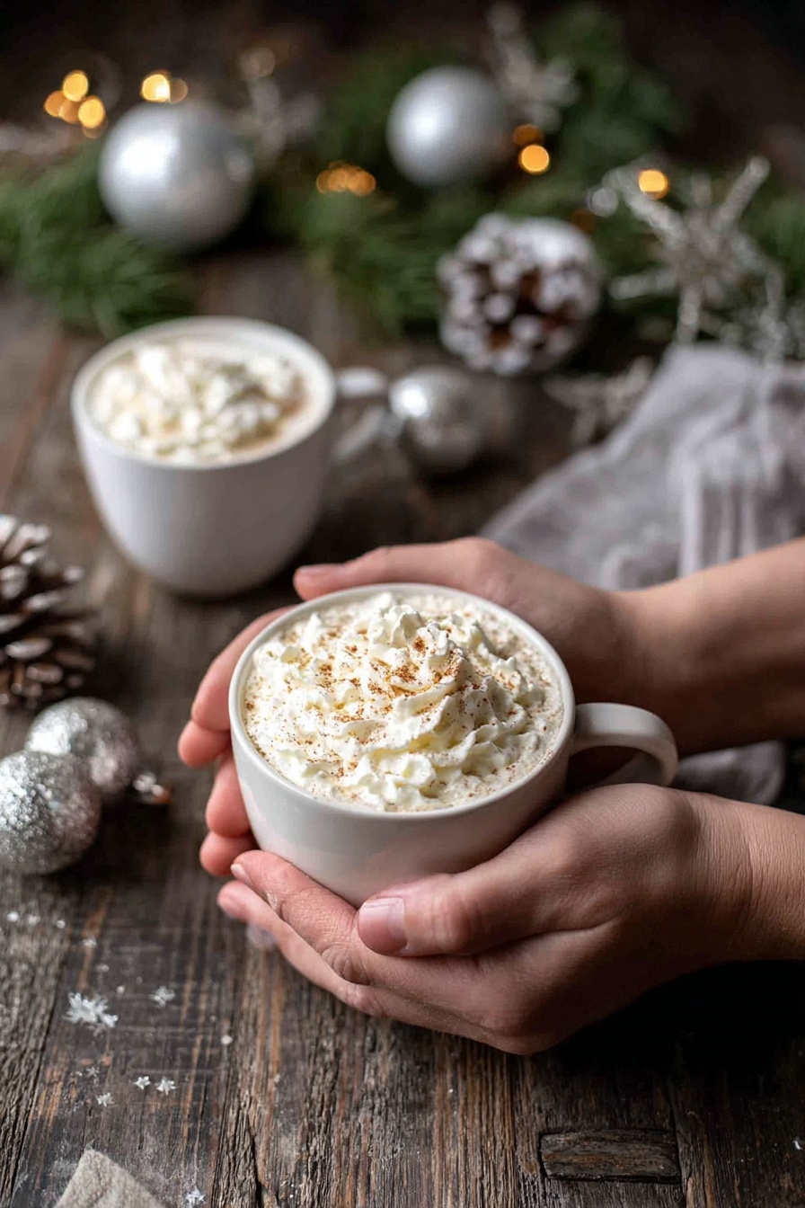 A white cup filled with a creamy drink topped with a thick layer of whipped cream and sprinkled with light brown spice sits in two woman's hands gently holding it from the sides. In the background, another white cup with the same whipped cream topping is placed on a rustic dark wooden surface. Around the cups, there are silver and white Christmas ornaments and green pine leaves with a pinecone, adding a festive touch. The setting is cozy and warm. photo taken with an iphone --ar 2:3 --v 7 - Eggnog Latte Vanilla Simple Syrup, Eggnog Latte with Vanilla Simple Syrup, Easy Eggnog Latte Recipe, Cozy Eggnog Coffee Drink, Holiday Eggnog Latte