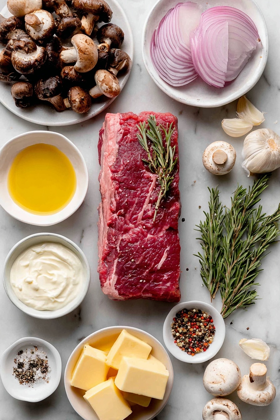 Flat lay of a raw beef tenderloin steak with a deep red color and marbling, fresh sprigs of green rosemary, three peeled garlic cloves, a small white bowl of golden extra virgin olive oil, a few thinly sliced pale purple shallots arranged neatly on a white ceramic plate, an assortment of fresh wild mushrooms torn into pieces showcasing various earthy tones, a small white bowl of smooth pale yellow salted butter, a small white bowl with creamy white heavy cream, a small white bowl filled with grated pale off-white parmesan cheese, a small white bowl containing dry white wine with a slight golden tint, and small piles of coarse kosher salt, freshly ground black pepper, and crushed red pepper flakes—all placed on a clean white marble surface, soft natural light, photo taken with an iPhone, professional food photography style, fresh ingredients, white ceramic bowls, no bottles, no duplicates, no utensils, no packaging --ar 2:3 --v 7 --p m7354615311229779997 - Rosemary Beef Tenderloin with Mushroom Cream Sauce, beef tenderloin recipes, elegant beef dinner ideas, mushroom cream sauce recipes, holiday beef main dish