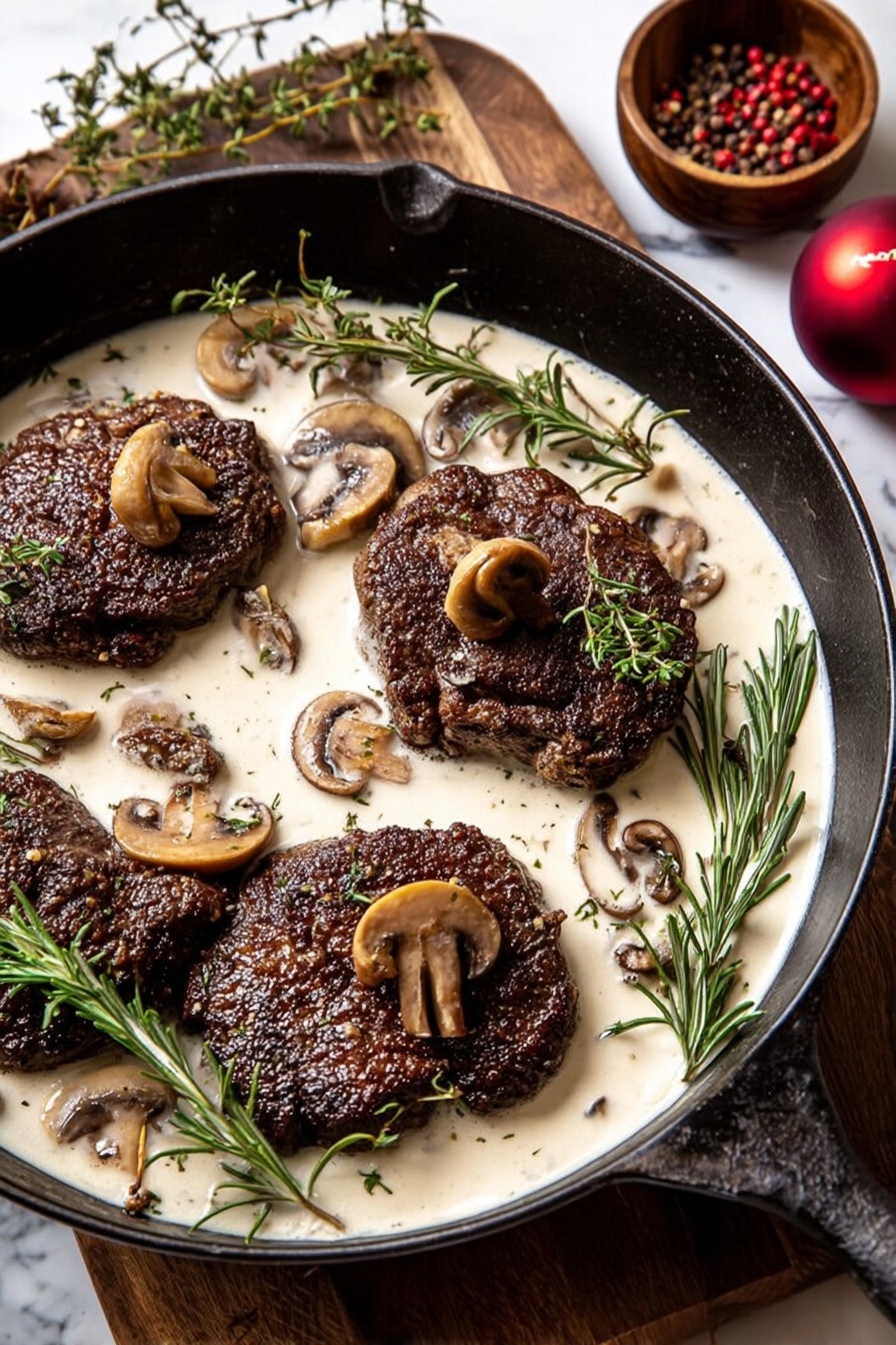 In the image, there is a black pan filled with three dark brown cooked meat pieces, slightly rough in texture, each topped with small golden-brown mushrooms. The pan is filled halfway with a smooth, creamy white sauce that surrounds the meat. Fresh green rosemary sprigs are placed on and around the meat pieces, adding a touch of color. Several mushroom slices float in the sauce, and there is coarse salt sprinkled lightly on the meat and sauce. The pan rests on a wooden board with a few red peppercorns in a small wooden bowl visible in the upper right corner, and a shiny red ornament sits in the lower right corner. The background is a white marbled surface. photo taken with an iphone --ar 2:3 --v 7 - Rosemary Beef Tenderloin with Mushroom Cream Sauce, beef tenderloin recipes, elegant beef dinner ideas, mushroom cream sauce recipes, holiday beef main dish