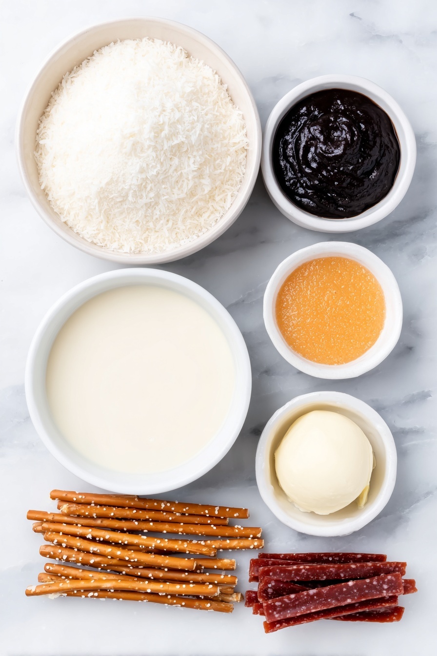 Flat lay of a large simple white ceramic bowl filled with fine shredded coconut, a small white ceramic bowl holding smooth dairy-free sweetened condensed milk, a small white ceramic bowl with melted vegan white chocolate, a small white ceramic bowl with glossy black icing, a small white ceramic bowl with bright orange icing, a neat bundle of thin golden pretzel sticks about 2 inches long, and a small pile of red candy straps each about 5 inches long, all arranged symmetrically and balanced, placed on a clean white marble surface, soft natural light, photo taken with an iPhone, professional food photography style, fresh ingredients, white ceramic bowls, no bottles, no duplicates, no utensils, no packaging --ar 2:3 --v 7 --p m7354615311229779997 - Vegan Coconut Snowman, Vegan Coconut Snowman Treats, Holiday Vegan Truffles, Vegan Festive Confections, Coconut Snowman Dessert