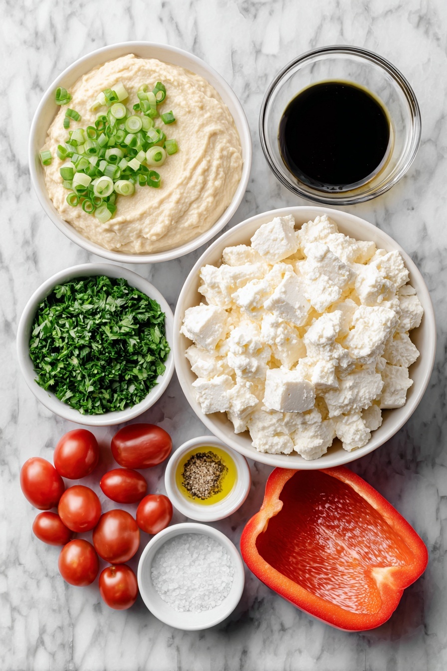 Flat lay of a small white ceramic bowl of smooth plain hummus, a small white ceramic bowl filled with crumbled reduced-fat feta cheese, a small white ceramic bowl with thinly sliced fresh green onions, a small white ceramic bowl heaped with chopped Italian flat-leaf parsley, a small white ceramic bowl holding clear extra virgin olive oil, a small white ceramic bowl with kosher salt, a cluster of halved glossy red cherry tomatoes, and a broad, flat side of a large bright red bell pepper slice placed flat, all arranged in perfect symmetry on a clean white marble surface, soft natural light, photo taken with an iPhone, professional food photography style, fresh ingredients, white ceramic bowls, no bottles, no duplicates, no utensils, no packaging --ar 2:3 --v 7 --p m7354615311229779997 - Christmas Hummus Wreath Appetizer, festive holiday appetizer, easy Christmas party snack, healthy Christmas appetizer, colorful holiday appetizer
