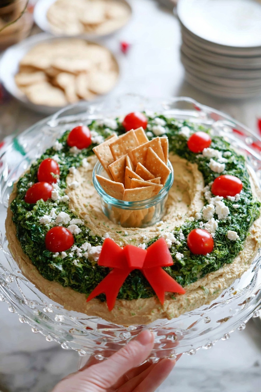 The image shows a circular ring of creamy beige hummus spread on a clear glass plate with a textured edge. The hummus forms the base layer with a hollow center, shaped like a wreath. On top of this, there is a layer of finely chopped dark green parsley arranged in a circular band, leaving the middle and outer edges of the hummus visible. Bright red cherry tomatoes are placed evenly around the wreath among the parsley. Small white crumbles of feta cheese are scattered over the parsley and tomatoes, adding texture and contrast. At the bottom of the wreath, there is a bow shape made from a smooth, vibrant red vegetable slice that stands out against the green and beige colors. In the background on a white marbled surface, there are beige pita chips scattered and some in a clear bowl. Photo taken with an iphone --ar 2:3 --v 7 - Christmas Hummus Wreath Appetizer, festive holiday appetizer, easy Christmas party snack, healthy Christmas appetizer, colorful holiday appetizer