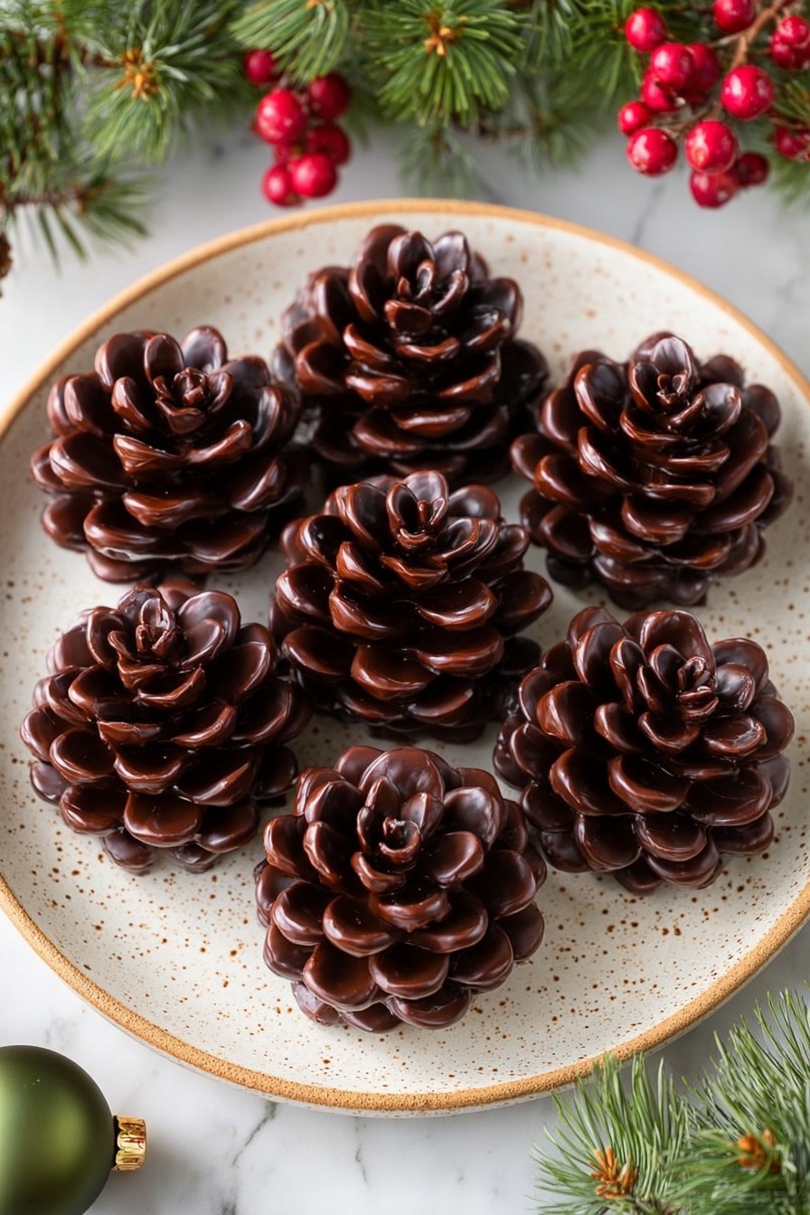 Seven chocolate treats shaped like pine cones are arranged on a white plate with brown speckles. Each pine cone has many small, curved layers that resemble pine cone scales, with a shiny dark brown color and a slightly lighter brown edge on each layer. The plate rests on a white marbled surface, and holiday decorations such as green pine branches, red berries, and a green ornament surround the plate. The scene is bright and festive, giving a cozy feeling. photo taken with an iphone --ar 2:3 --v 7 - Viral Pine Cone Brownies, pine cone brownies, festive brownie desserts, holiday pine cone treats, eye-catching brownie ideas