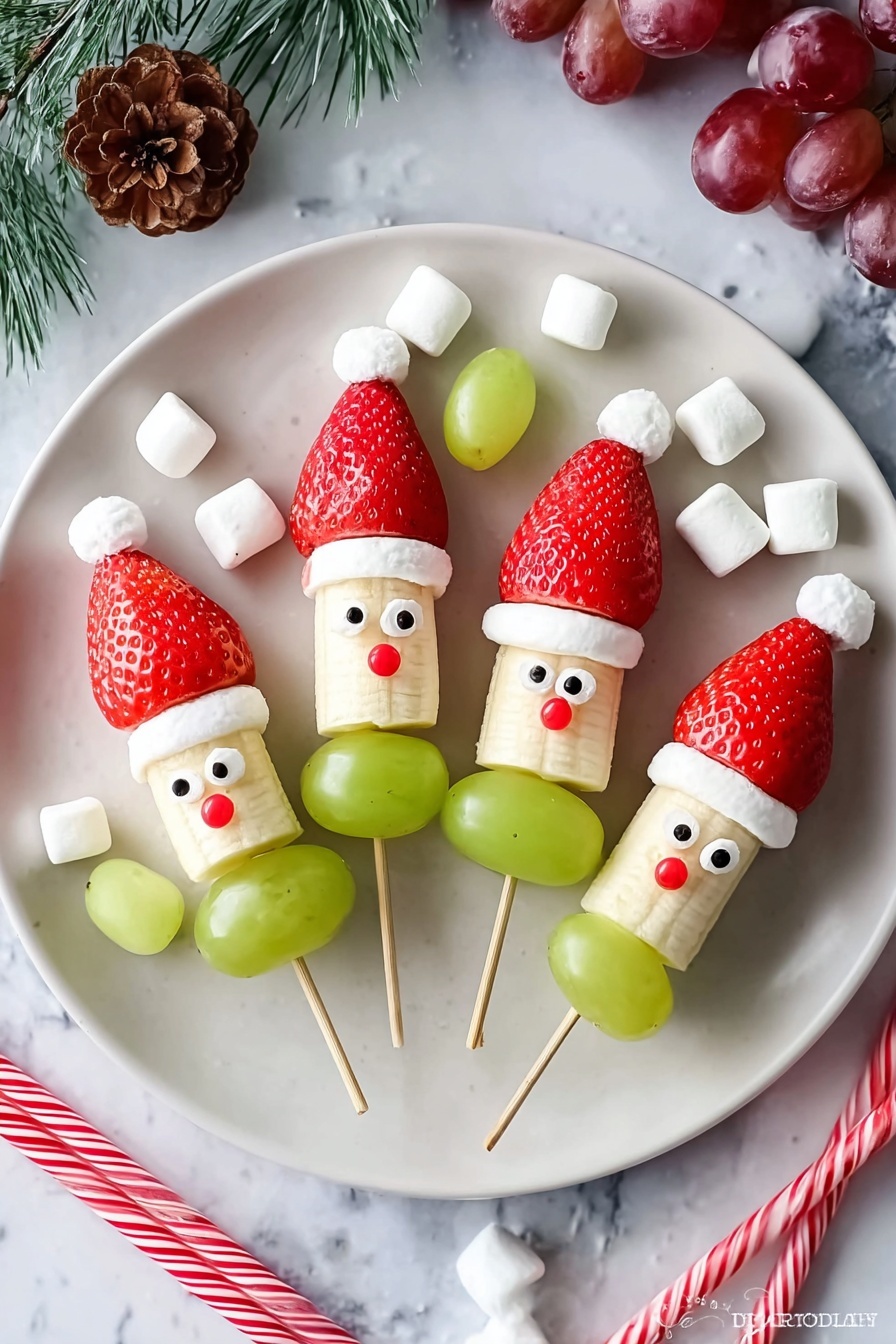 This image shows a white round plate holding seven festive fruit skewers designed to look like Santa Claus faces. Each skewer has three layers: at the bottom is a green grape, followed by a middle section with a half banana piece decorated with two small black and white candy eyes and one red candy nose on some skewers, and topped with a red strawberry hat. Between the strawberry and the grape or banana, there is a small white banana slice acting as Santa's hat brim. On top of the strawberry sits a small white marshmallow as the hat's pompom. The plate rests on a dark wooden surface with Christmas decorations around, including pine cones, red ribbons, candy canes, and scattered mini marshmallows. The photo taken with an iphone --ar 2:3 --v 7 - Festive Fruit Kabobs, holiday fruit skewers, Christmas fruit snacks, colorful fruit party appetizers, easy holiday fruit recipe