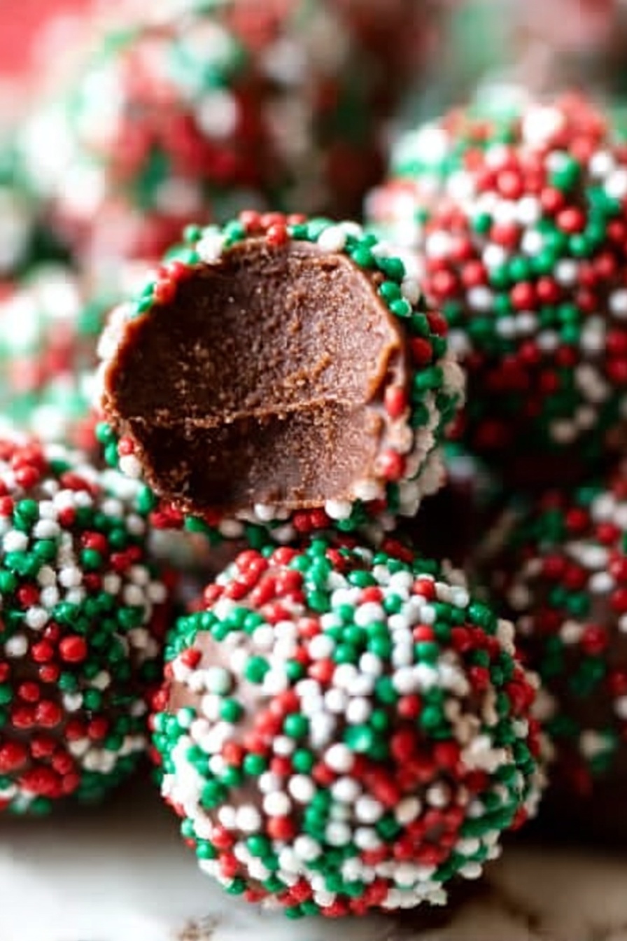 A close-up image features several round chocolate balls covered in small red, green, and white candy sprinkles arranged together on a white marbled surface. The front chocolate ball has a single bite taken out, showing a smooth and dense dark brown chocolate inside with a slightly textured surface from the bite mark. The colorful sprinkles have a matte, slightly rough texture contrasting with the glossy chocolate beneath. The background is softly blurred, focusing mainly on the detailed textures and colors of the chocolate balls. photo taken with an iphone --ar 2:3 --v 7 - Chocolate Truffles, Easy Chocolate Dessert, Homemade Chocolate Treats, Festive Chocolate Bonbons, No-Bake Chocolate Sweets