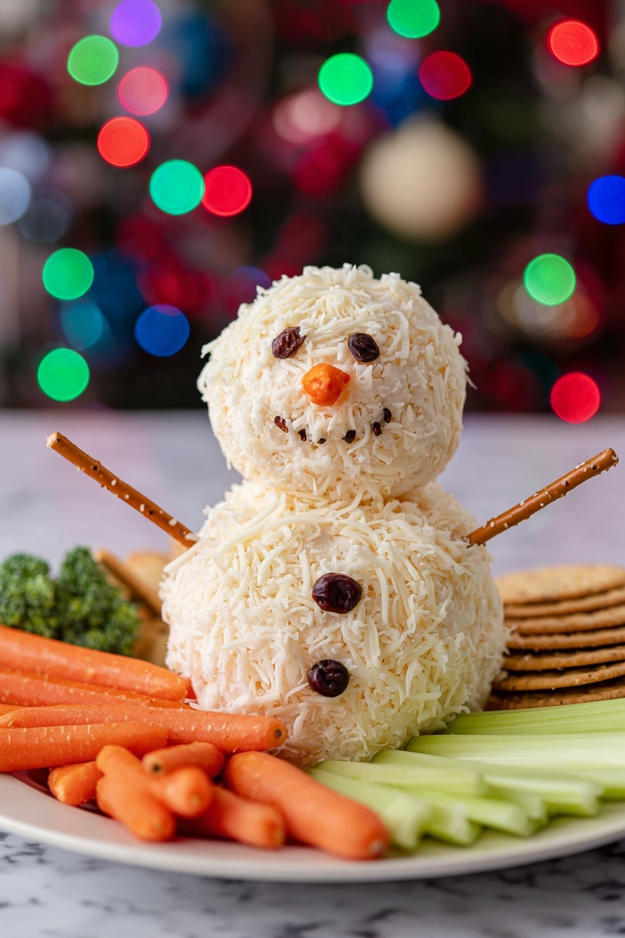 The dish shows a two-layer snowman made of shredded cheese balls. The bottom layer is a bigger round ball covered in light yellow shredded cheese, decorated with three dark raisins as buttons down the center front. The top layer is a smaller cheese ball on top, with two dark cloves for eyes, a small orange carrot piece for the nose, and a smile made from several cloves. On each side of the middle layer, there is a pretzel stick placed as arms. Around the snowman, there are fresh orange baby carrots, light green celery sticks, and round whole-grain crackers. The whole setup is on a white plate placed on a white marbled surface. Photo taken with an iphone --ar 2:3 --v 7 - Snowman Cheeseball, festive cheeseball appetizer, holiday cheese ball recipe, cute Christmas cheese ball, easy party snack