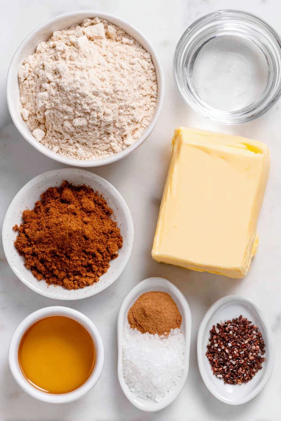 Flat lay of a small mound of light brown spelt flour dusted lightly around its edges, a chilled square block of pale yellow vegan butter, a small white ceramic bowl filled with golden maple syrup, another small white bowl containing coarse coconut sugar crystals, a tiny white bowl holding clear water, a neat pile of ground cinnamon powder, a small heap of ground ginger powder, a compact mound of warm brown ground nutmeg, a scattering of tiny dark chia seeds, a pinch of fine white baking soda powder, and a pinch of fine salt crystals, all arranged symmetrically on a clean white marble surface, soft natural light, photo taken with an iPhone, professional food photography style, fresh ingredients, white ceramic bowls, no bottles, no duplicates, no utensils, no packaging --ar 2:3 --v 7 --p m7354615311229779997 - Vegan Gingerbread Cookies, Vegan Holiday Cookies, Plant-Based Gingerbread, Vegan Spiced Cookies, Dairy-Free Gingerbread Cookies