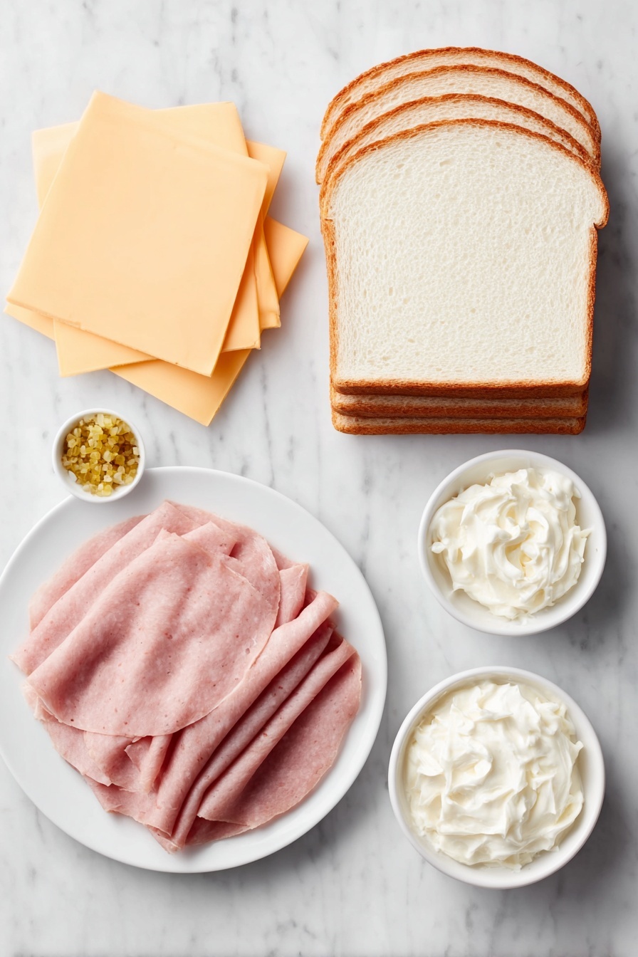 Flat lay of sixteen slices of fresh white crustless bread stacked neatly, eight slices of smooth yellow cheddar cheese, eight thin slices of pink deli ham with natural marbling, a few dollops of creamy mayonnaise served in a small white ceramic bowl, a small white ceramic bowl holding bright yellow mustard, all arranged symmetrically on a simple white ceramic plate and bowls, placed on a clean white marble surface, soft natural light, photo taken with an iPhone, professional food photography style, fresh ingredients, white ceramic bowls, no bottles, no duplicates, no utensils, no packaging --ar 2:3 --v 7 --p m7354615311229779997 - Christmas Tree Sandwiches, festive holiday sandwiches, Christmas snack ideas, kids holiday snacks, easy Christmas finger foods